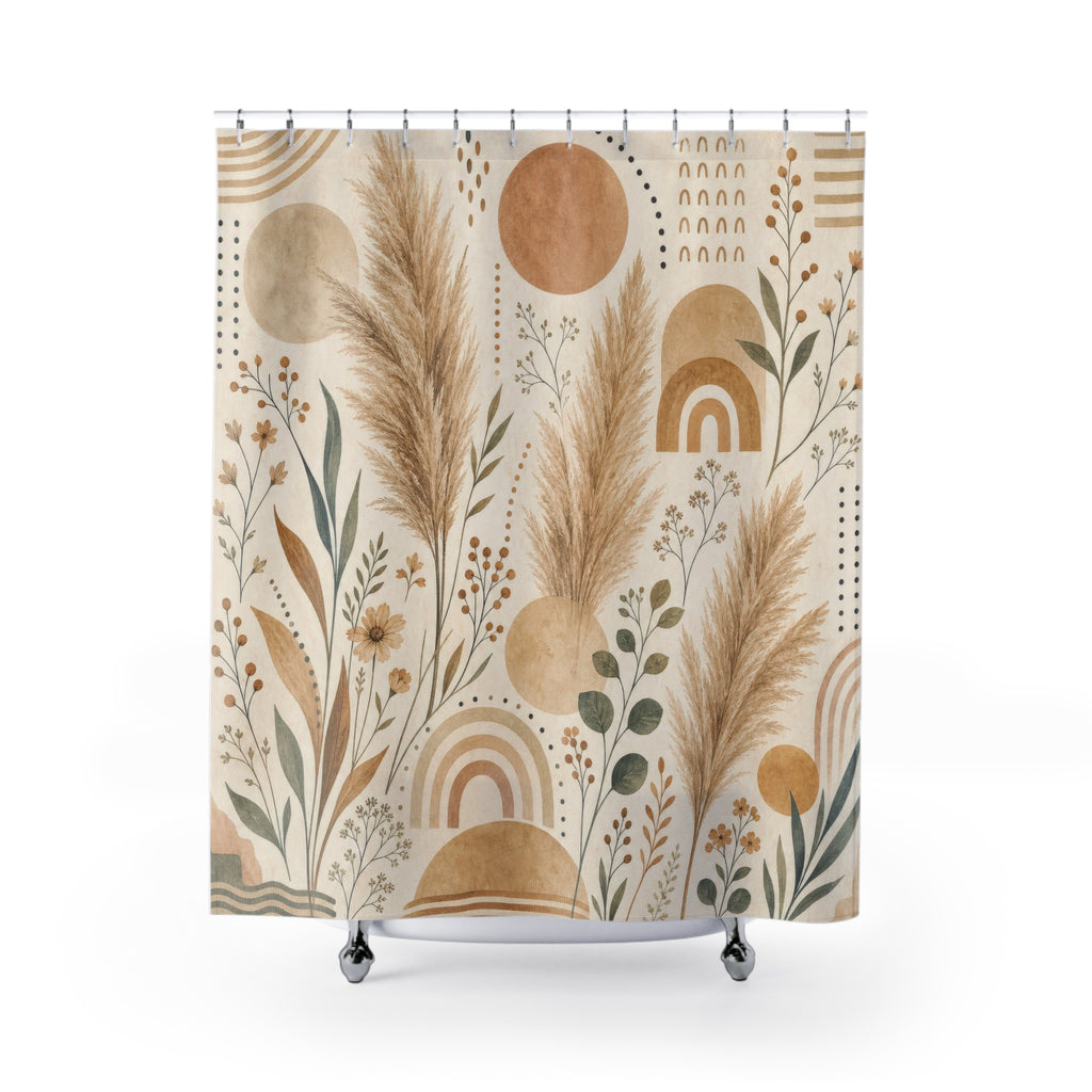 Neutral Boho Shower Curtain, Pampas Botanical Bath Decor, Terracotta Sun Arches, Minimal Desert Guest Bathroom, Small Bath Decor, Warm Decor