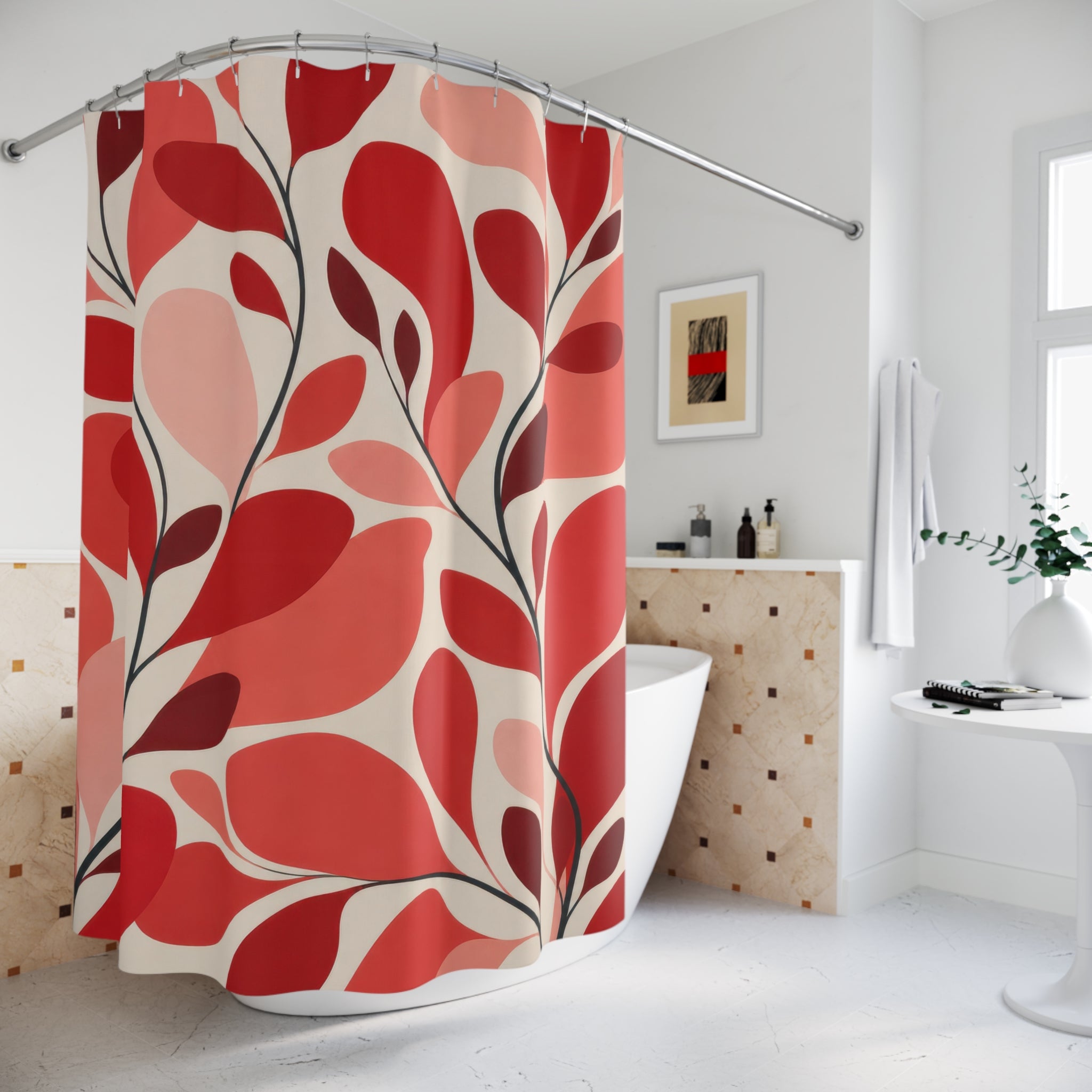 Pink Botanical Red Floral Shower Curtain