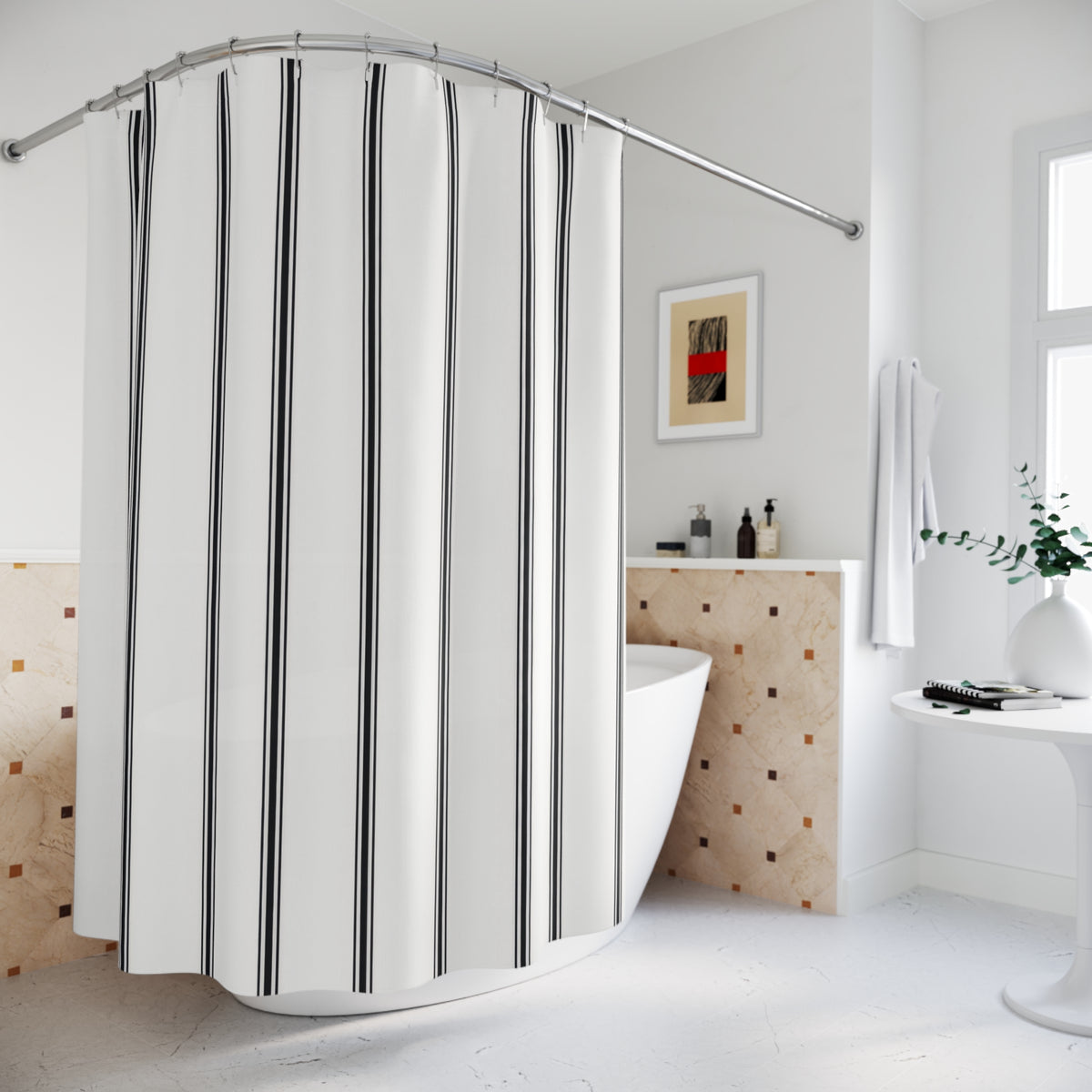 Black vertical ticking triplets on a white ground shower curtain beside a freestanding tub