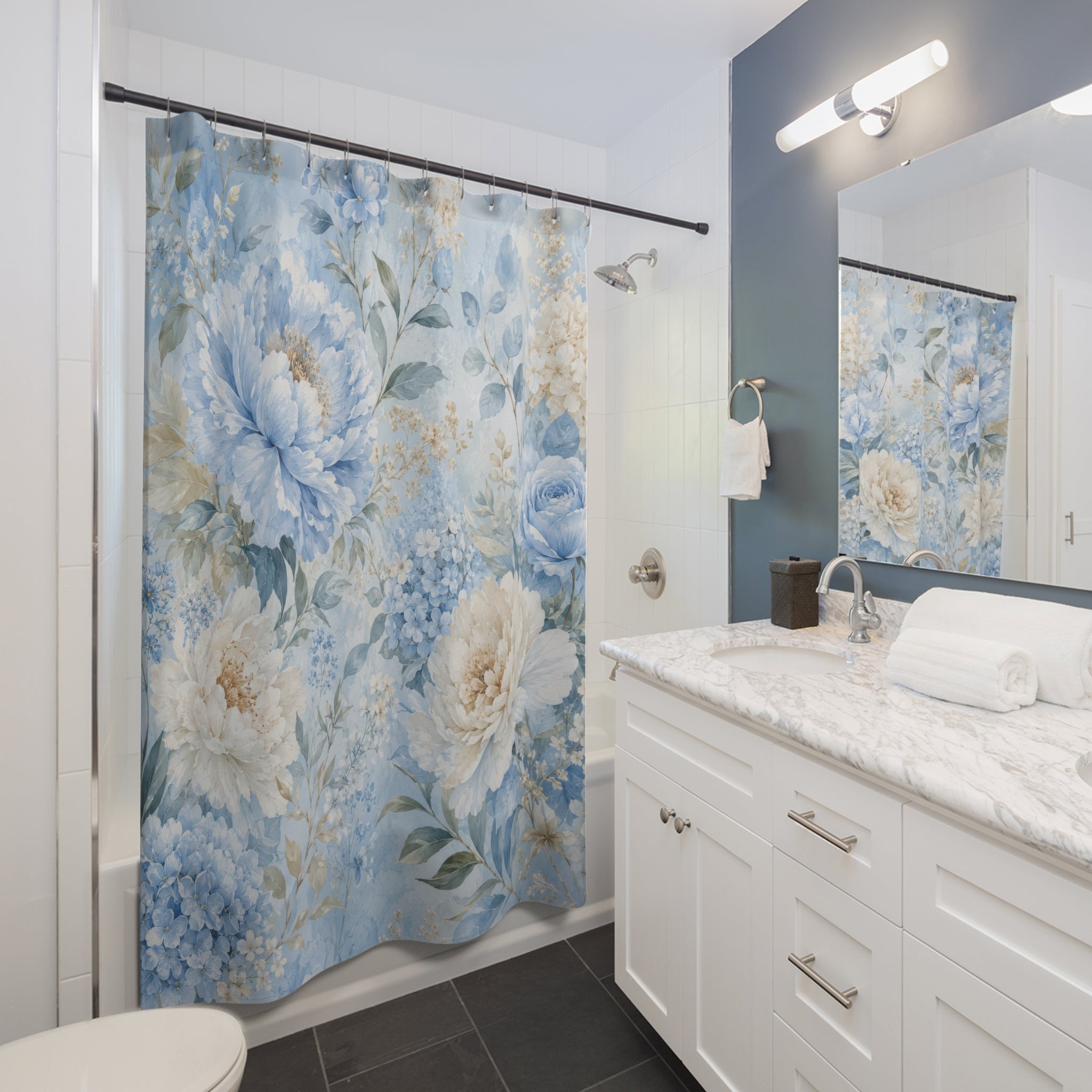Light Blue Floral Shower Curtain: Watercolor Flower