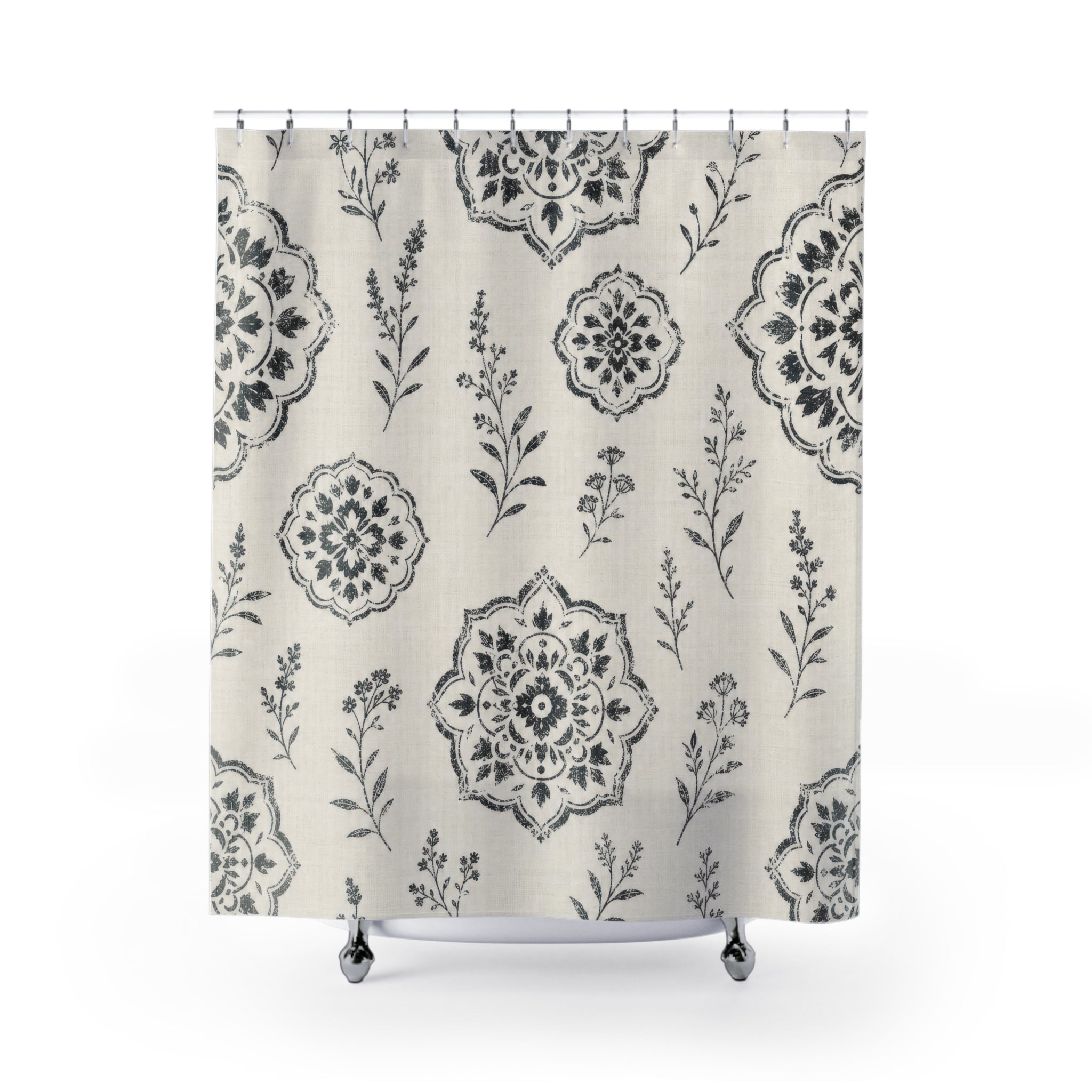Black White Botanical Medallion Farmhouse Shower Curtain