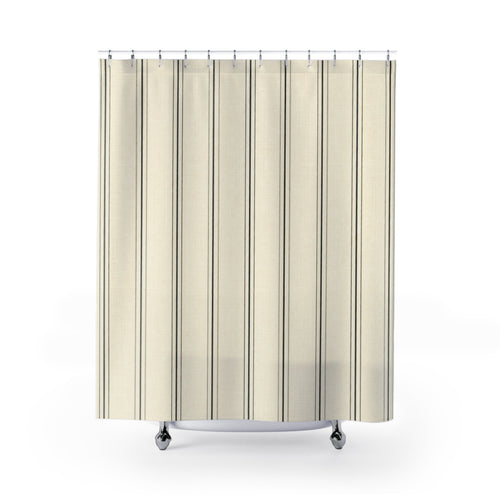 Airy Black Pinstripe fine ticking shower curtain with full front view