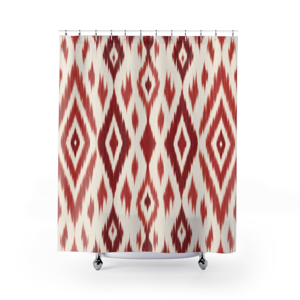 Ikat Shower Curtain, Red and White Diamond Geometric Pattern, Boho Textile Style Bath Decor, Modern Guest Bathroom Accent, Global Red Style