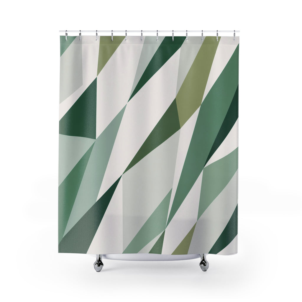 Green Stripe Shower Curtain, White Geometric Bath Decor, Diagonal Sage Pattern, Modern Guest Bathroom Decor, Angled Green Style Decor