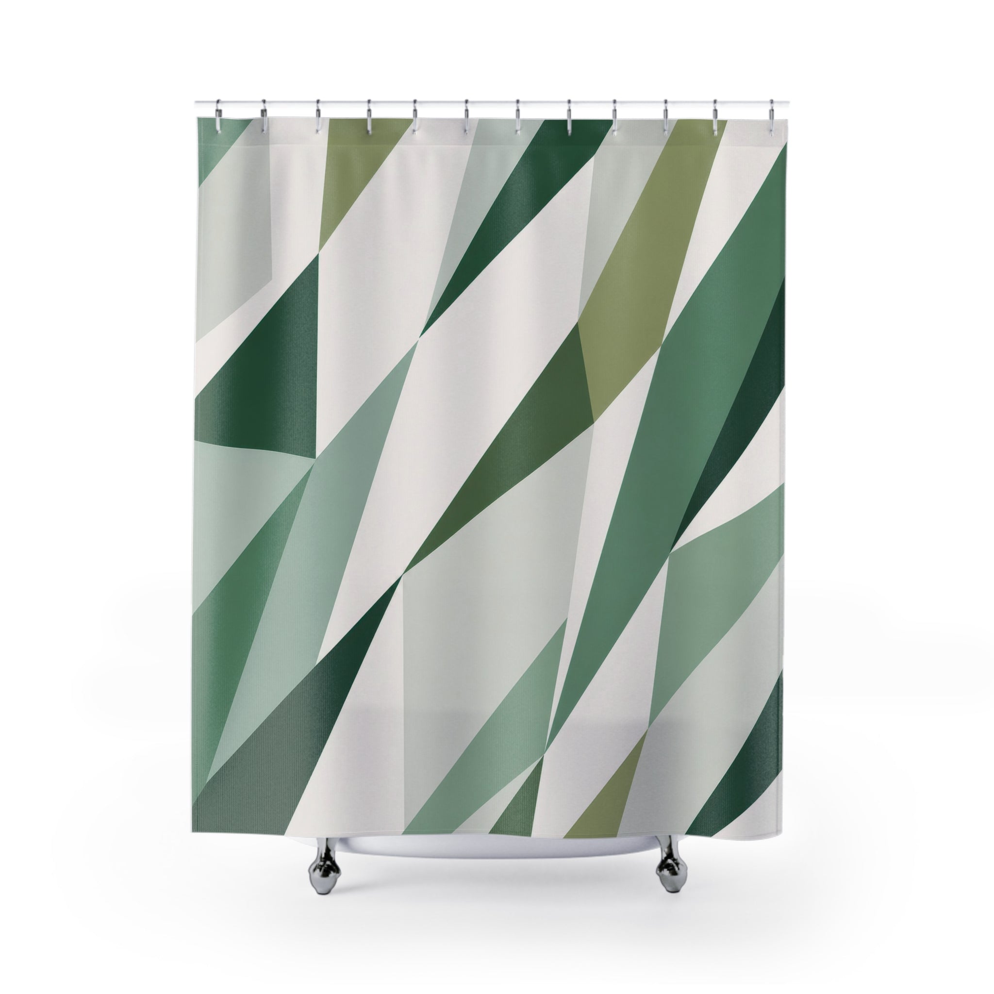 Green Stripe Shower Curtain, White Geometric Bath Decor, Diagonal Sage Pattern, Modern Guest Bathroom Decor, Angled Green Style Decor