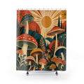 Vintage mushroom garden in orange teal and mustard shower curtain with full front view