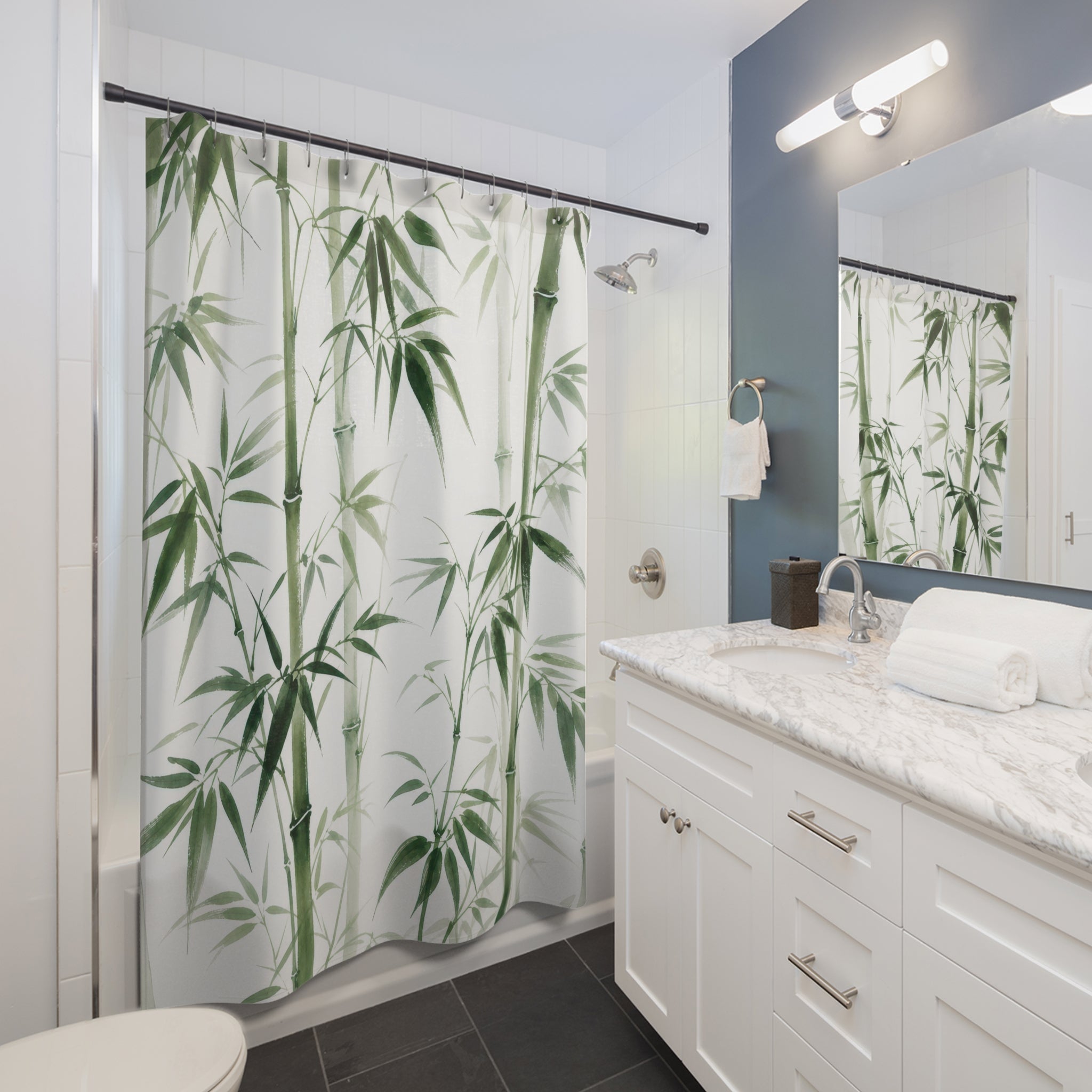 Green White Botanical Stalk Shower Curtain