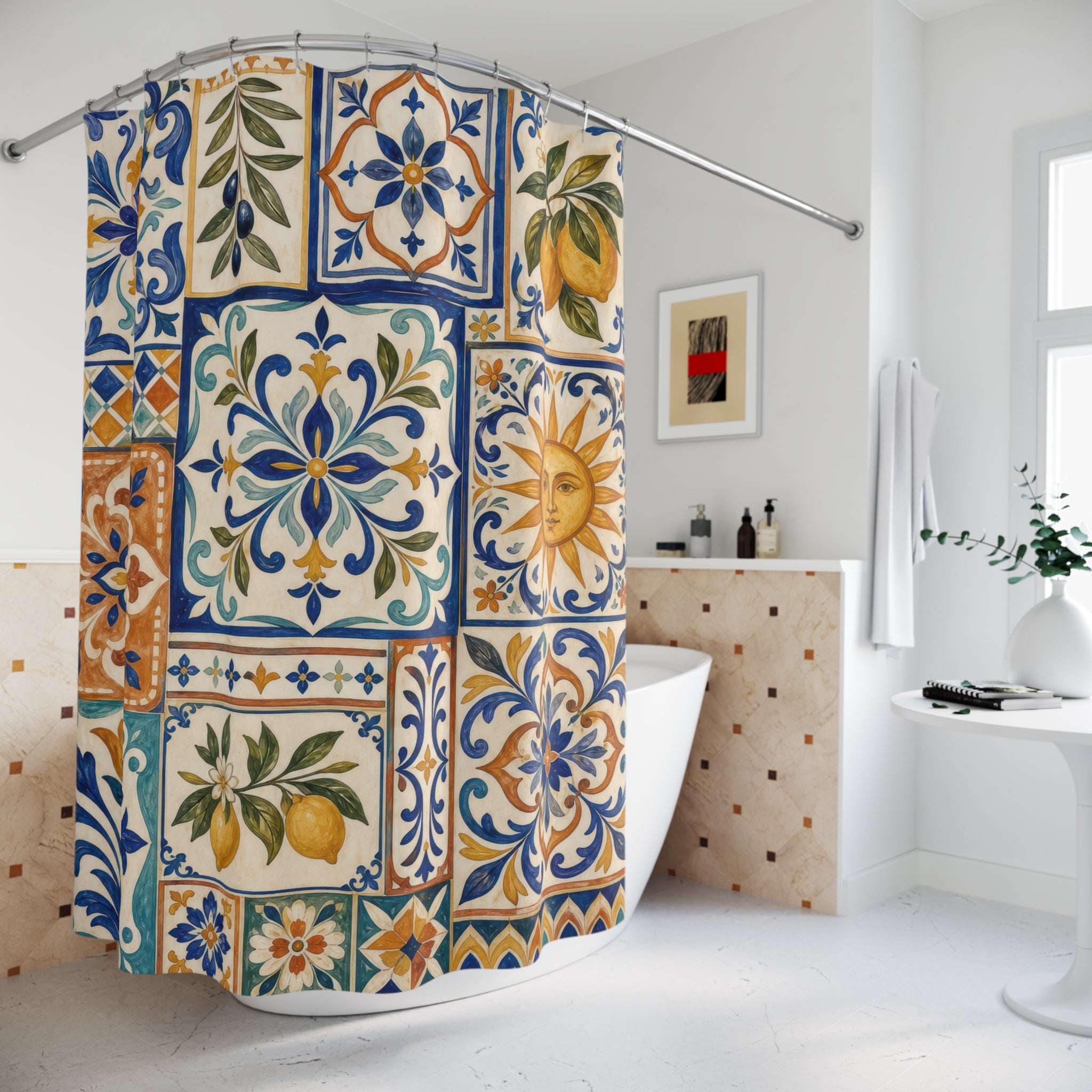 Mediterranean Painted Tiles Shower Curtain