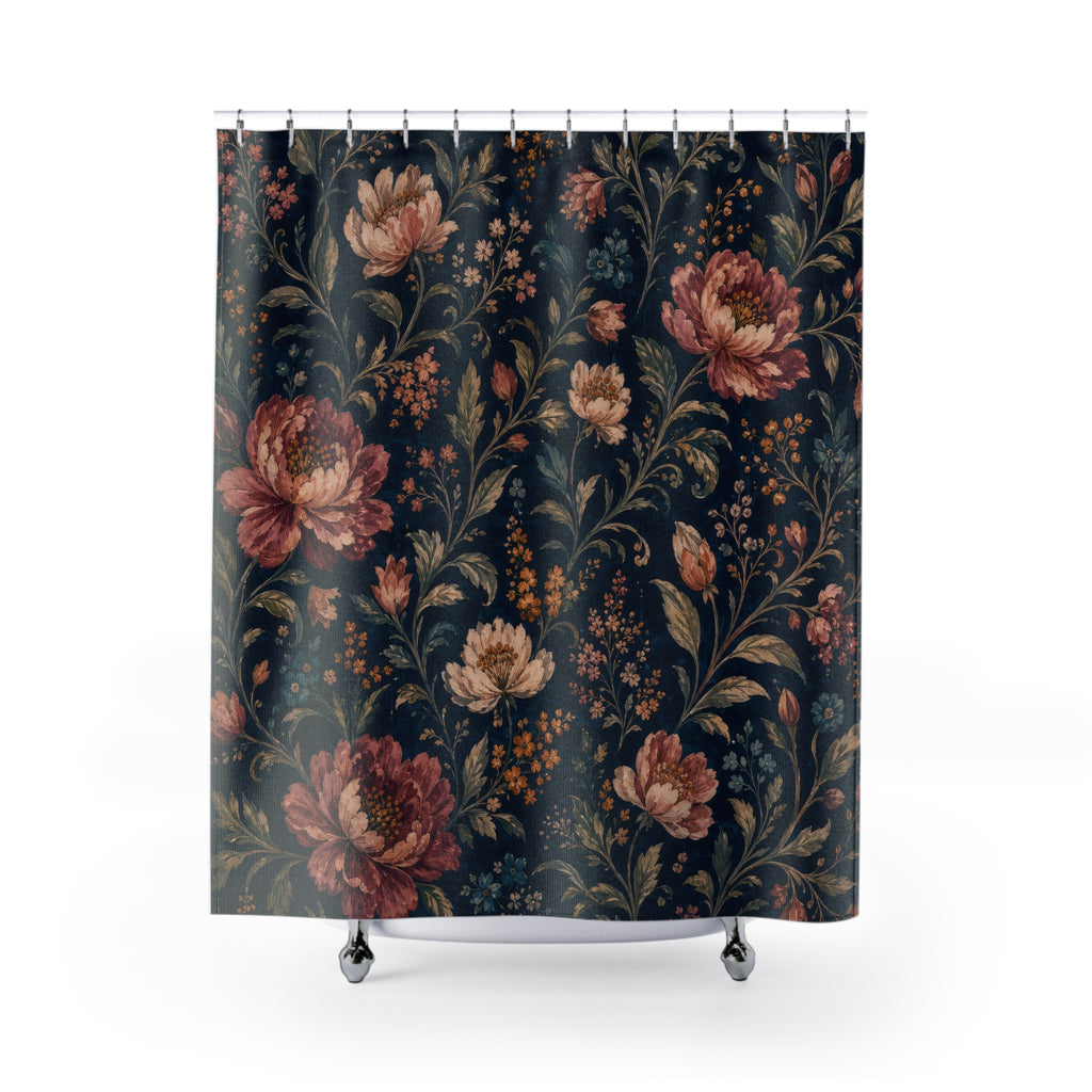 Navy Floral Cottage Cottagecore Orange Beige Shower Curtain