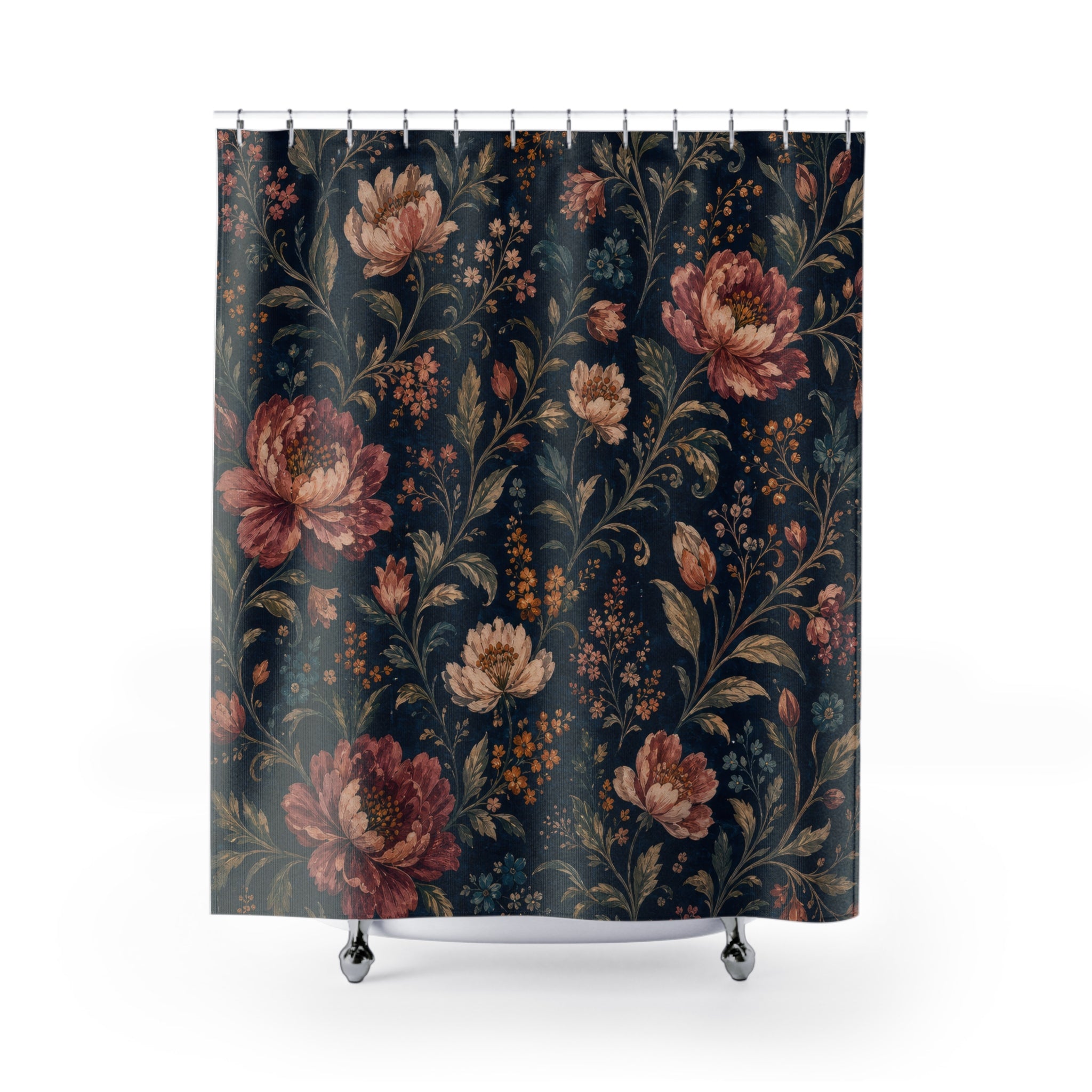 Navy Floral Cottage Cottagecore Orange Beige Shower Curtain