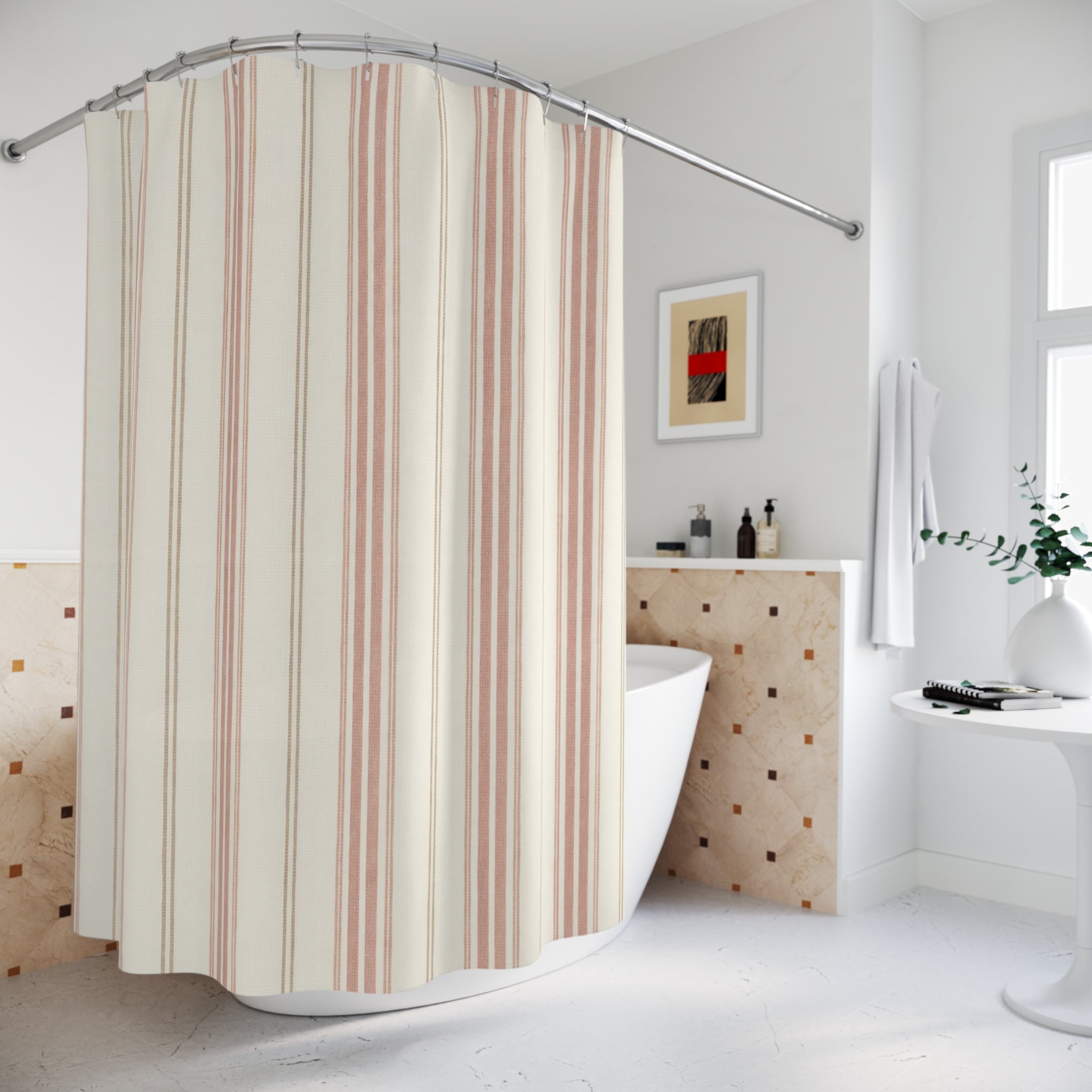 Pink Blush Ticking Stripe Shower Curtain