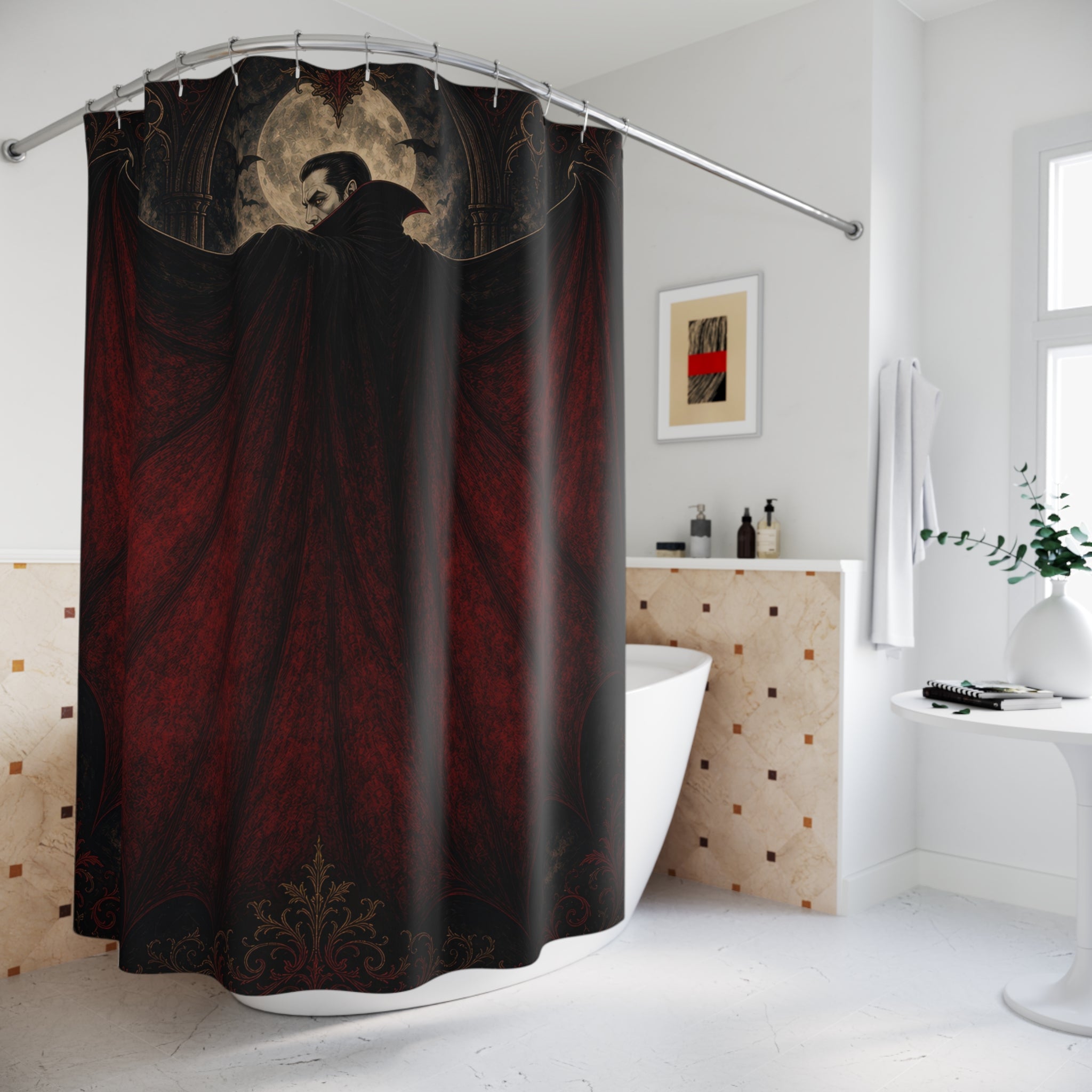 Unique Bat Shower Curtain, Red Gothic Wing Art, Black Vampire Bathroom Decor, Dark Spooky Halloween Guest Bath Accent, Dramatic Bath
