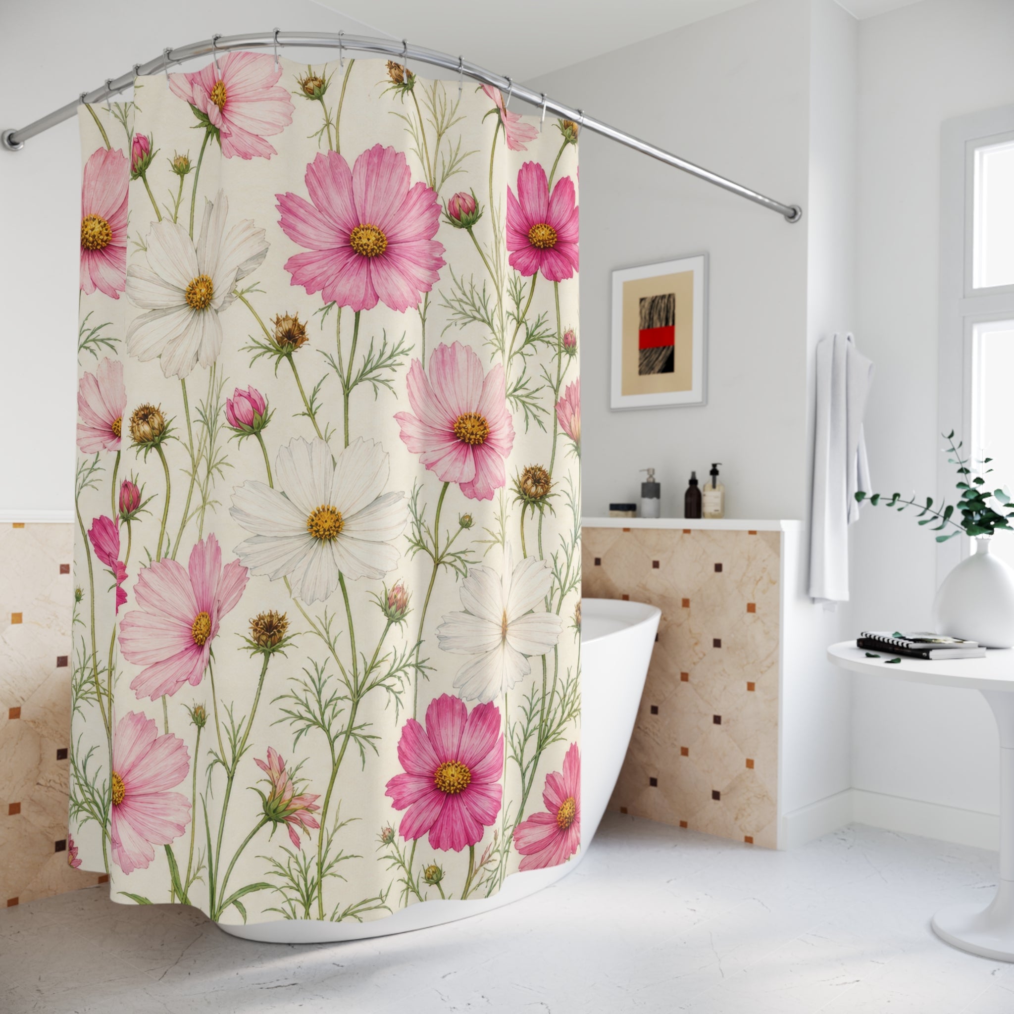 Fresh Pink White Cottage Wildflower Shower Curtain