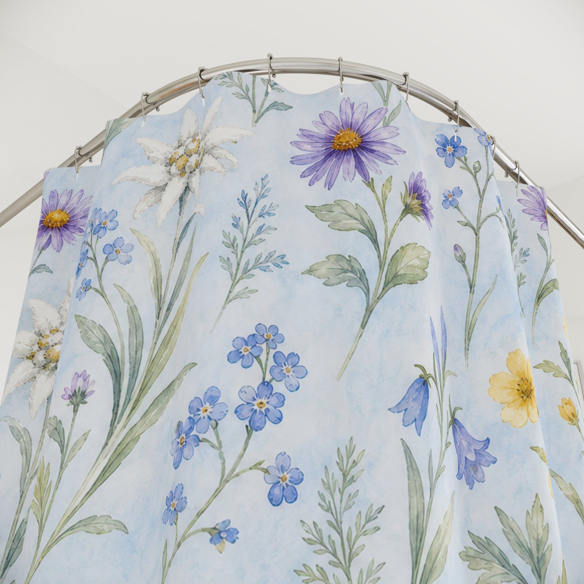 Blue Yellow Wildflower Watercolor Floral Pastel Flower Botanical Shower Curtain
