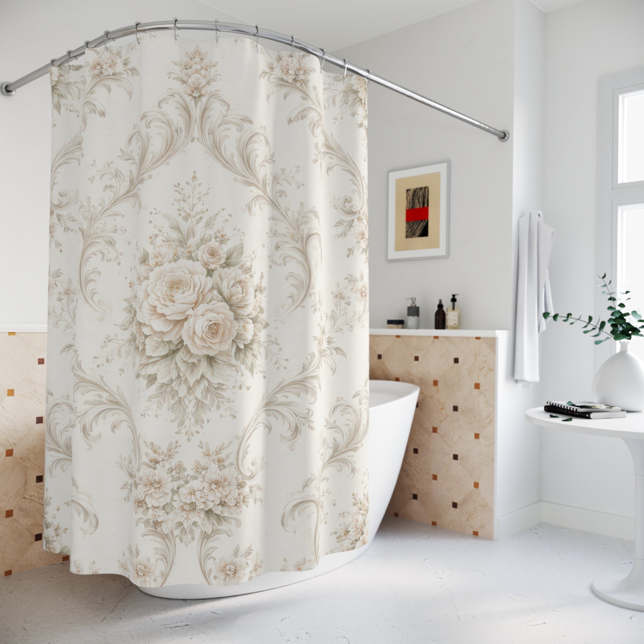 Ivory Damask Shower Curtain – Beige Floral
