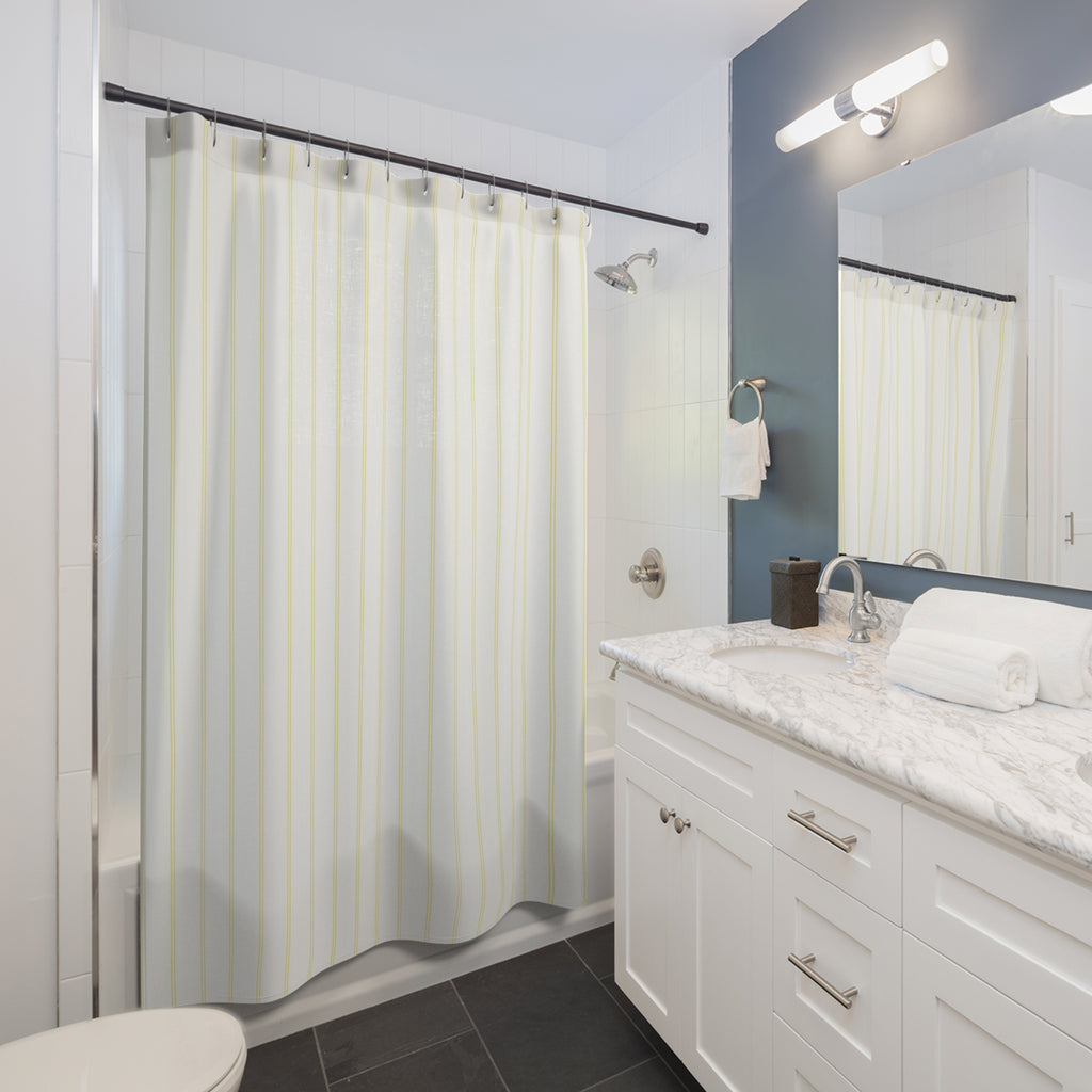 White Pinstripe Shower Curtain, Pale Yellow Striped Curtain, Modern Minimalist Bathroom Decor, Dense Vertical Stripe Bath Curtain