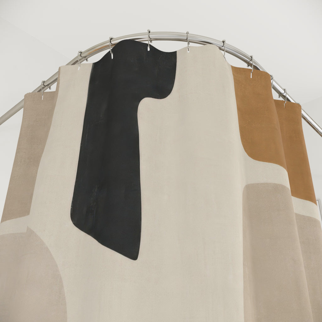Abstract Shower Curtain, Black Beige Cutout Pattern, Neutral Modern Bathroom Decor, Ochre Taupe Guest Bath Geometric Style
