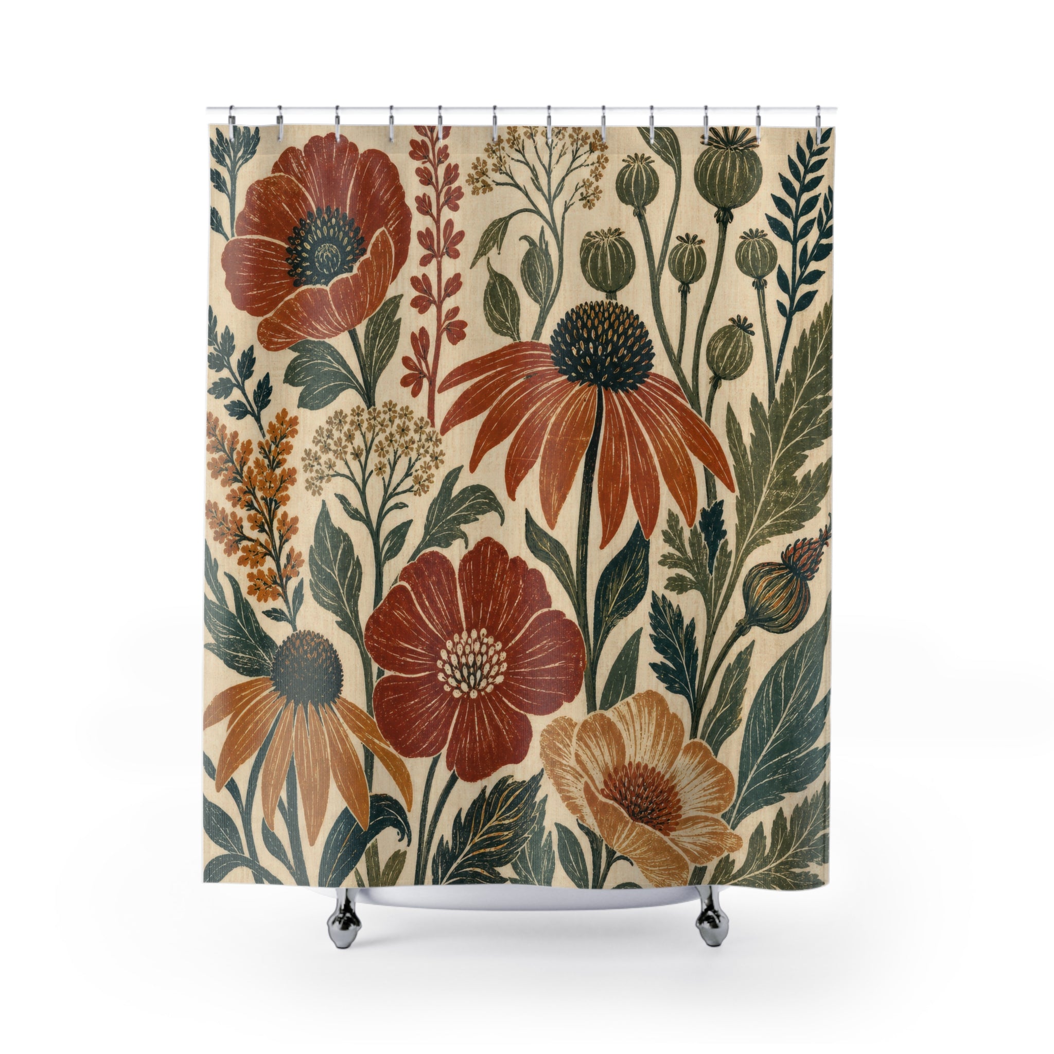 Boho Wildflower Shower Curtain – Terracotta and Sage