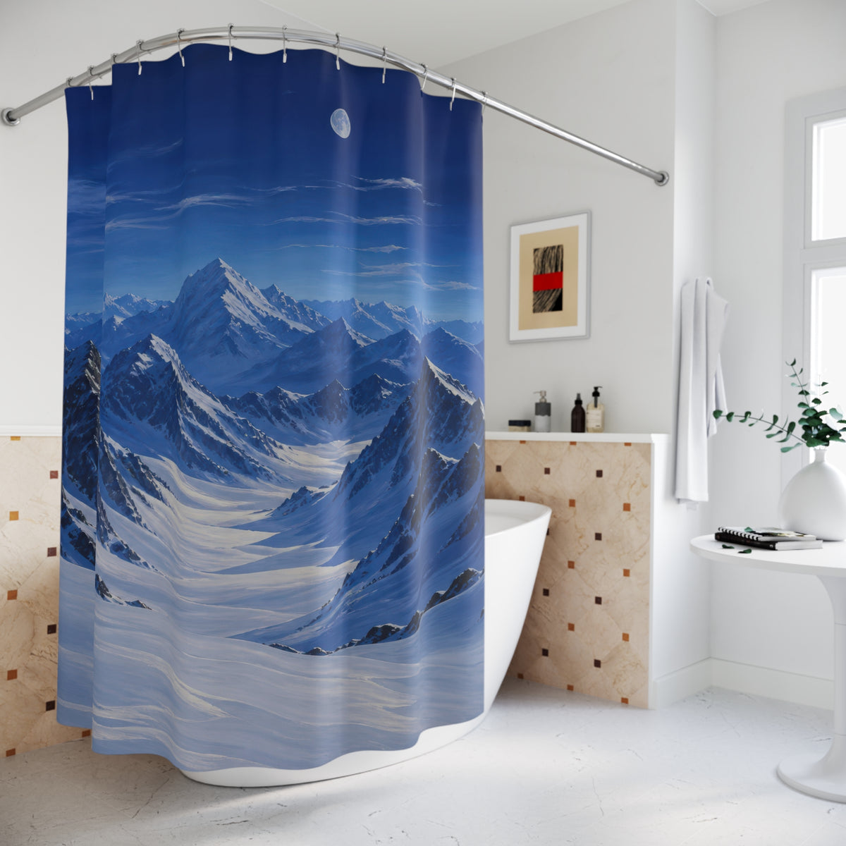 Moonlit cobalt peaks above a snowy alpine valley shower curtain beside a freestanding tub