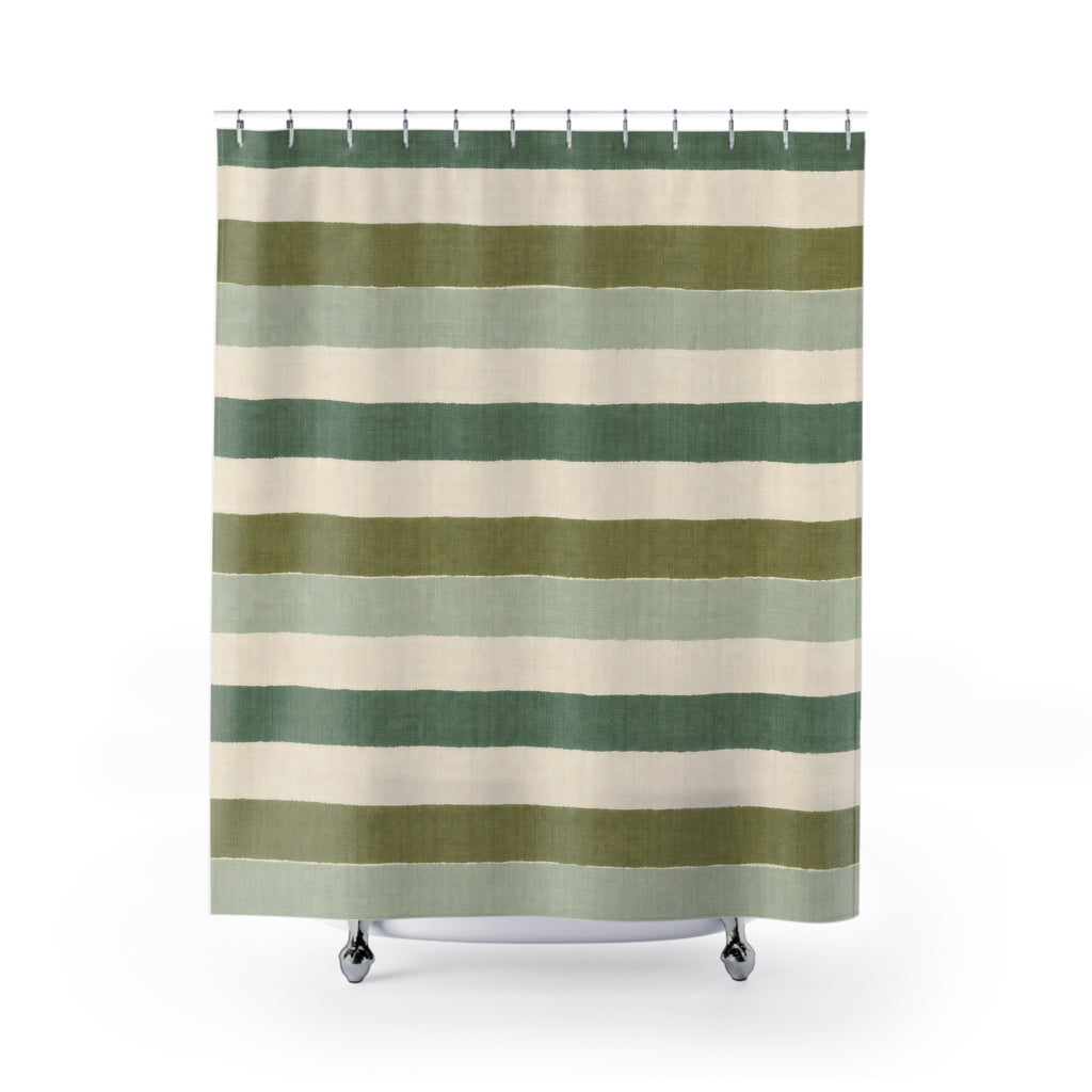 Sage Green Cream Horizontal Stripe Shower Curtain
