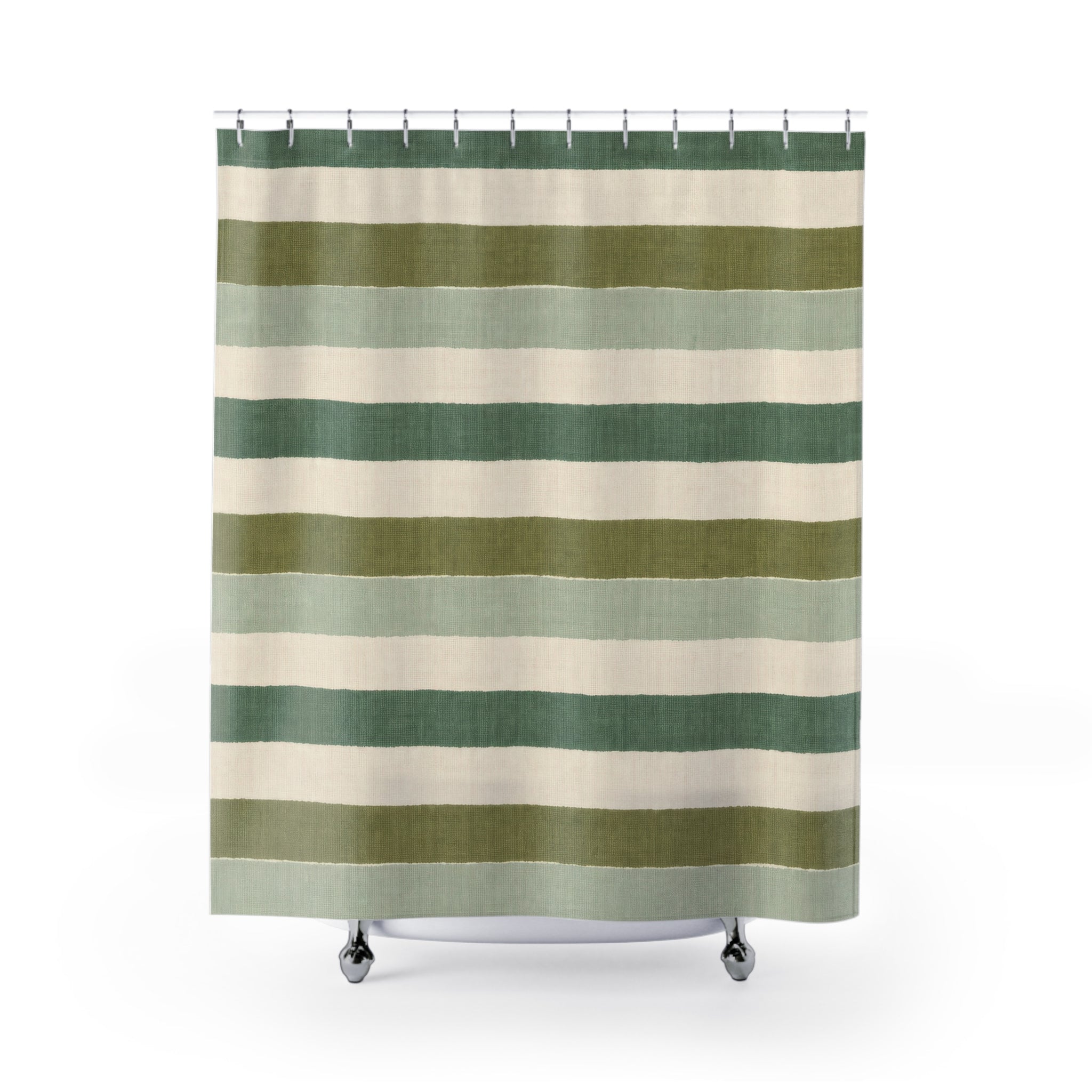 Sage Green Cream Horizontal Stripe Shower Curtain