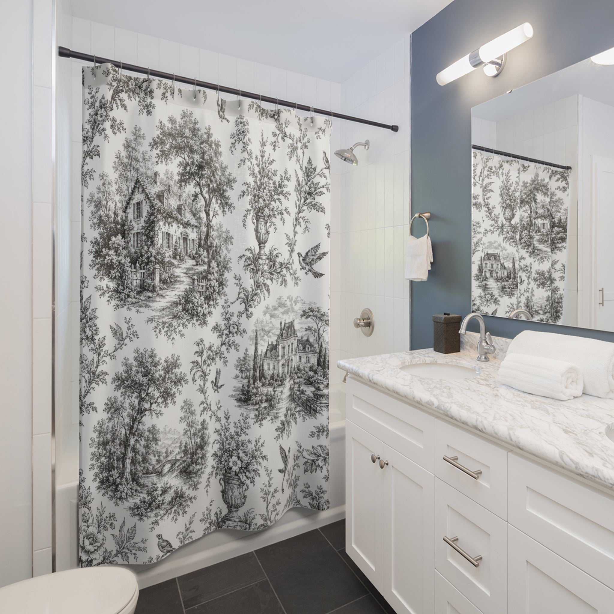 Black and White Toile Shower Curtain: French Country
