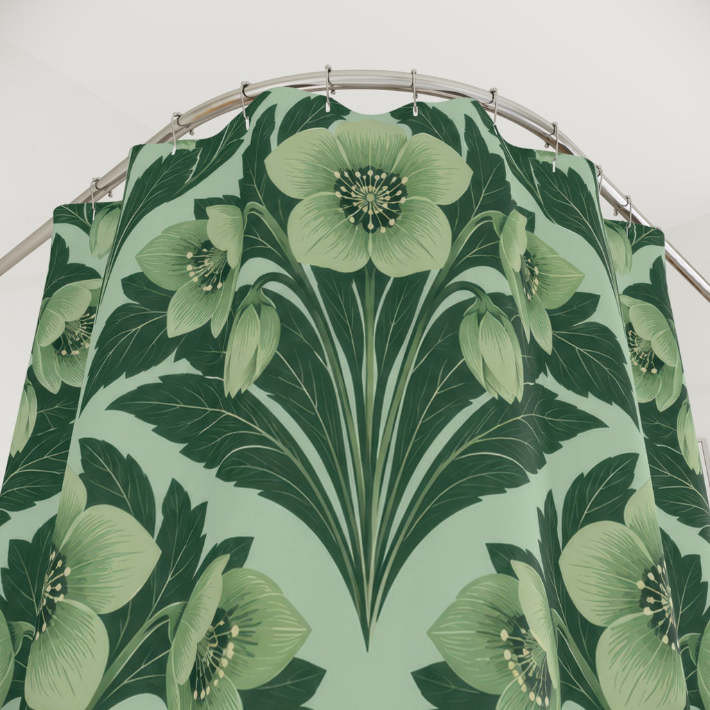 Celadon hellebores and forest-green leaves on mint shower curtain with close-up print, hooks, and folds