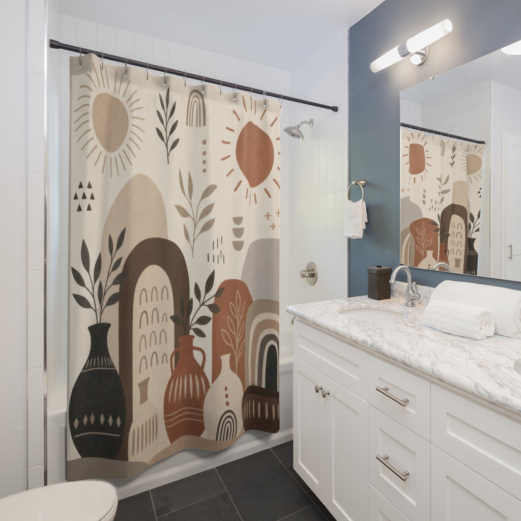 Neutral Boho Shower Curtain, Terracotta Arch and Clay Vessel Art