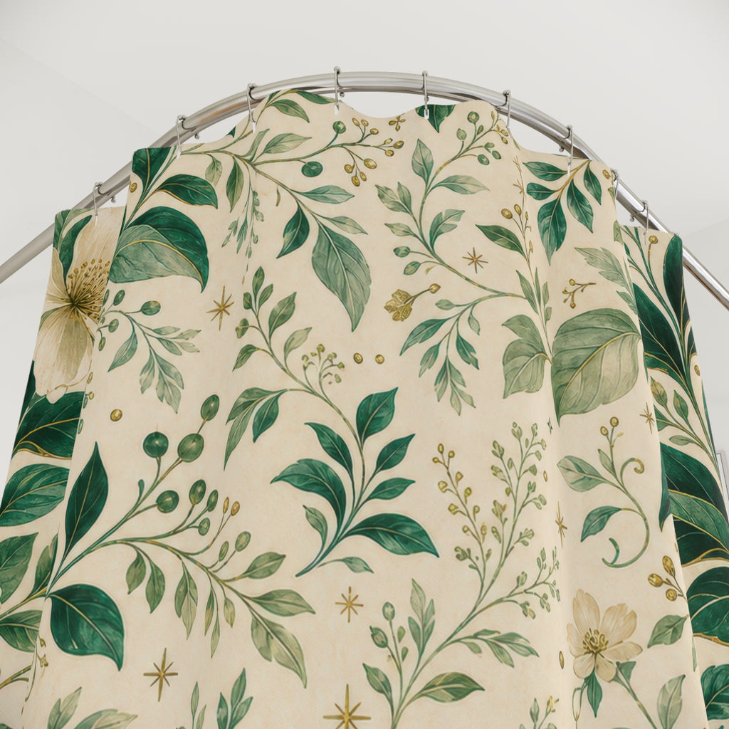 Emerald Botanical Green White Shower Curtain
