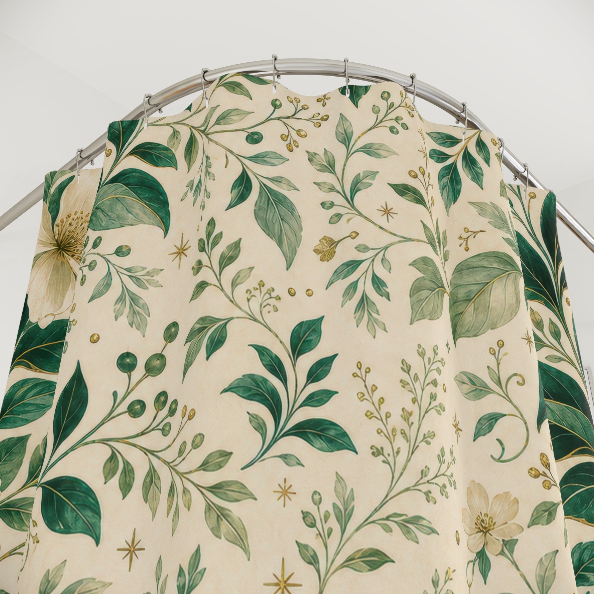 Emerald Botanical Green White Shower Curtain