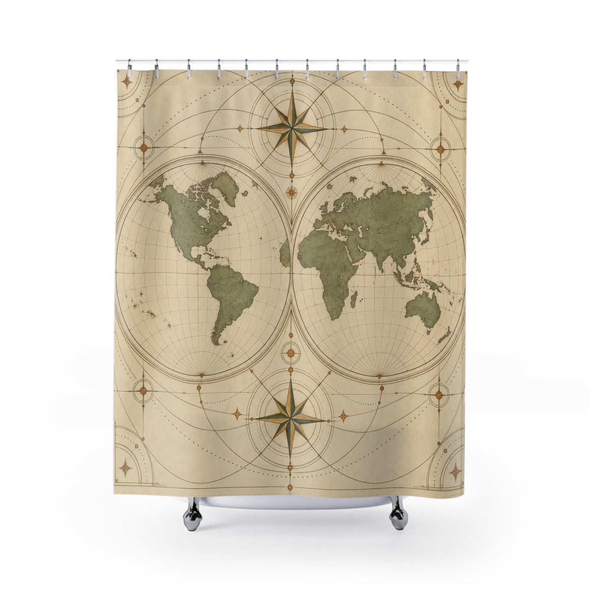 Sage and cream world map with antique hemispheres shower curtain with full front view