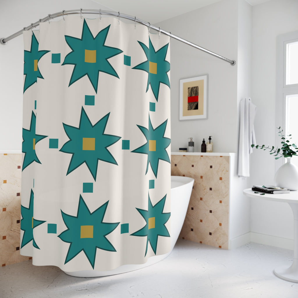 Moroccan Tile Shower Curtain: Teal Ivory Star