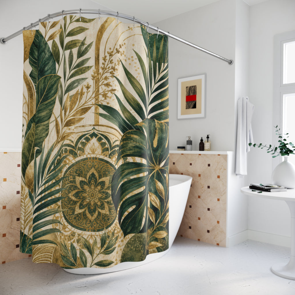 Gold and Green Shower Curtain: Tropical Botanical Pattern
