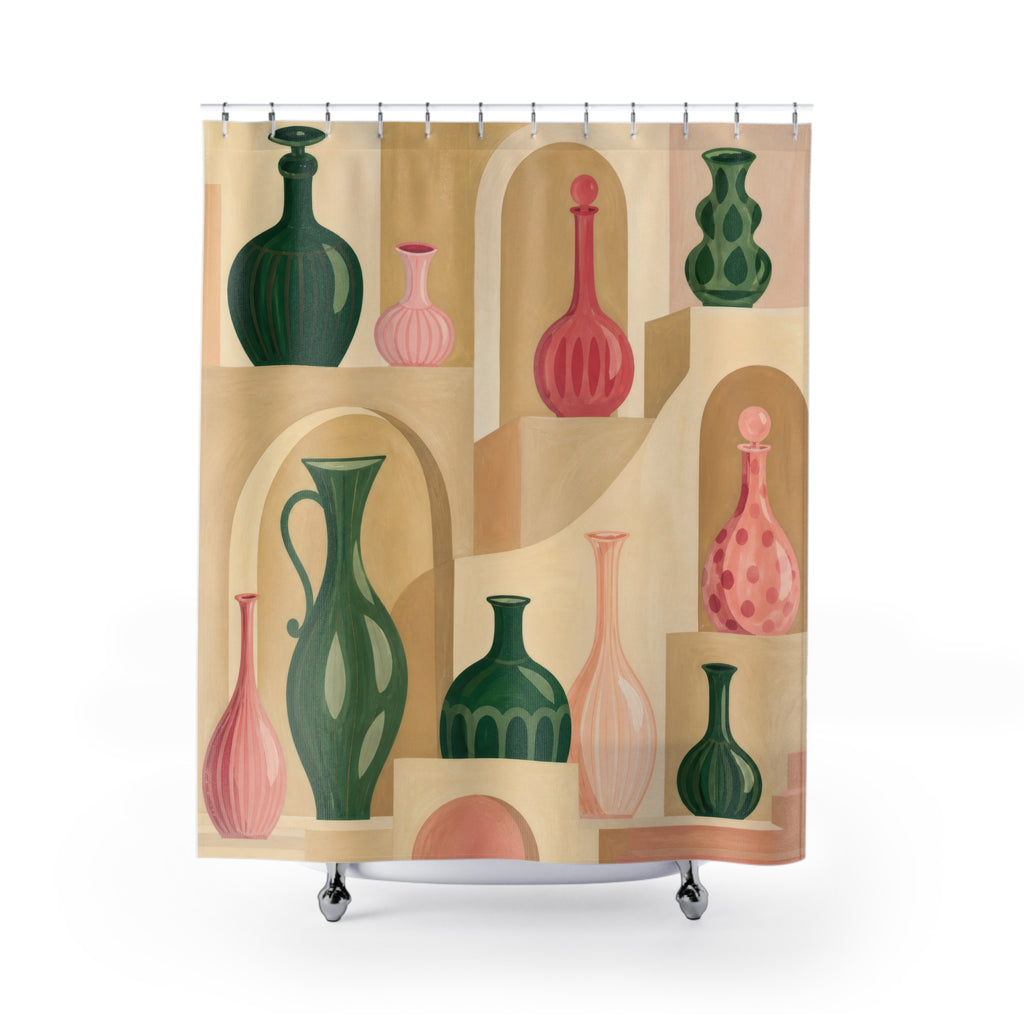 Green and pink glass vessels in stepped alcoves shower curtain with full front view