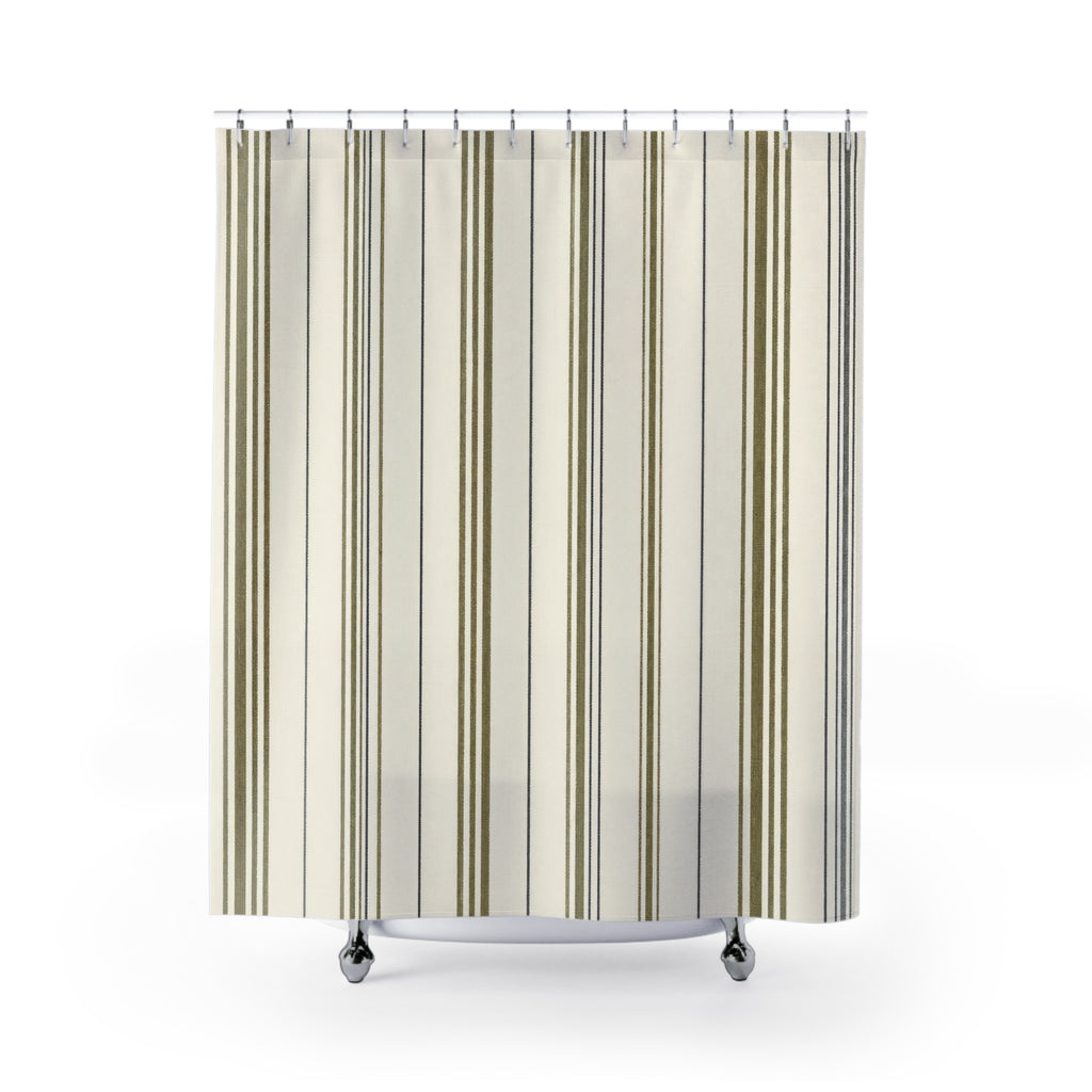 Olive Green Ticking Stripe Cream Cottage Striped Shower Curtain