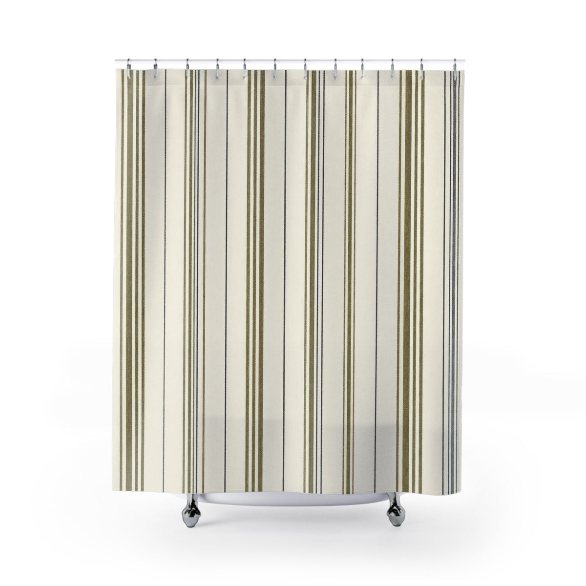 Olive Green Ticking Stripe Cream Cottage Striped Shower Curtain