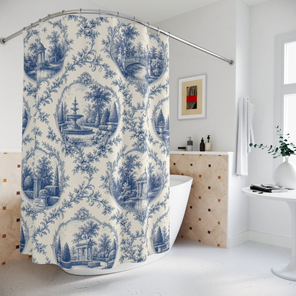 Cobalt Pavilion Toile Shower Curtain
