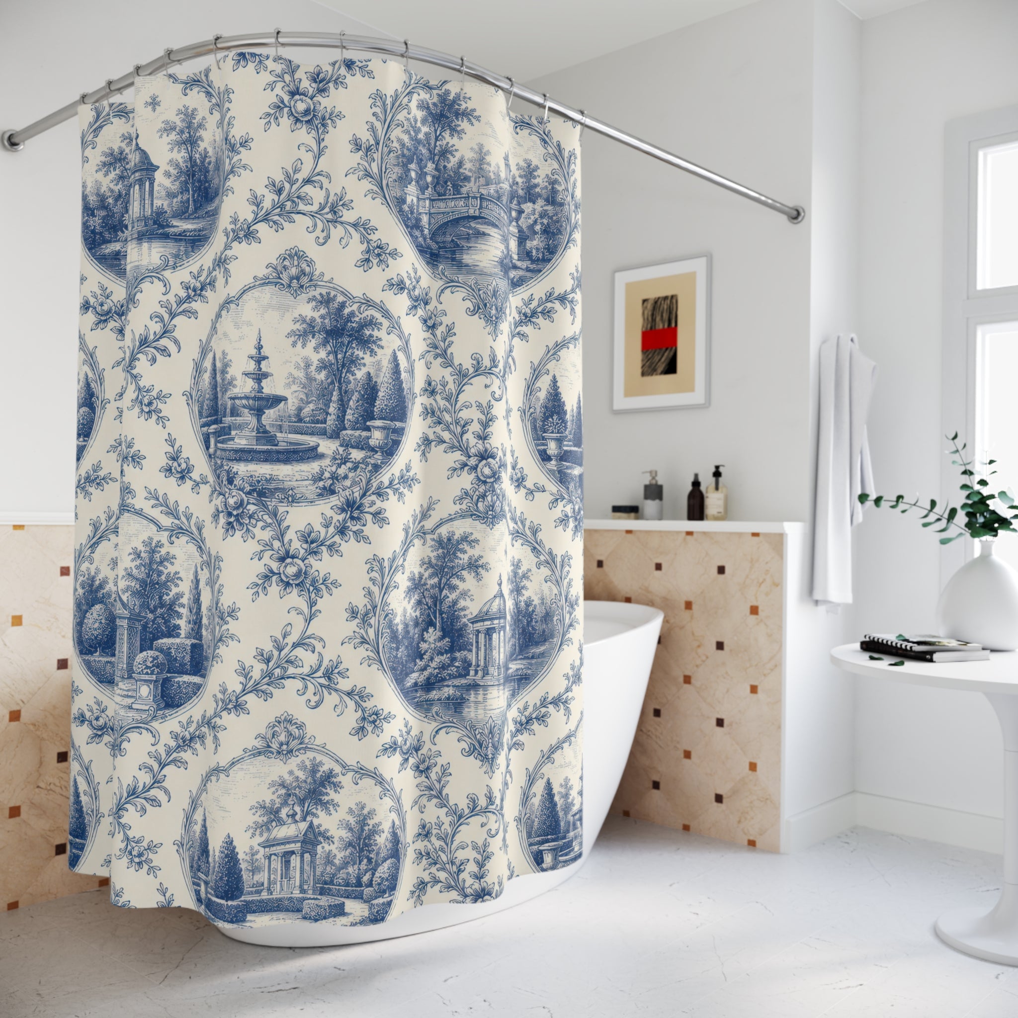 Cobalt Pavilion Toile Shower Curtain