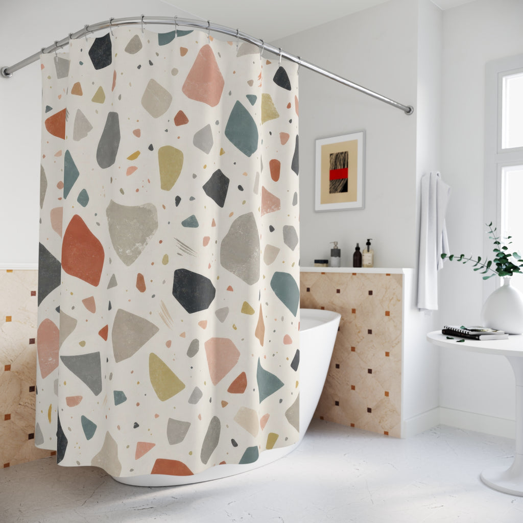Terrazzo Shower Curtain, Coral Black Beige Speckled Abstract Stone Look, Modern Geometric Art Bathroom Decor, Warm Neutral Bath Style