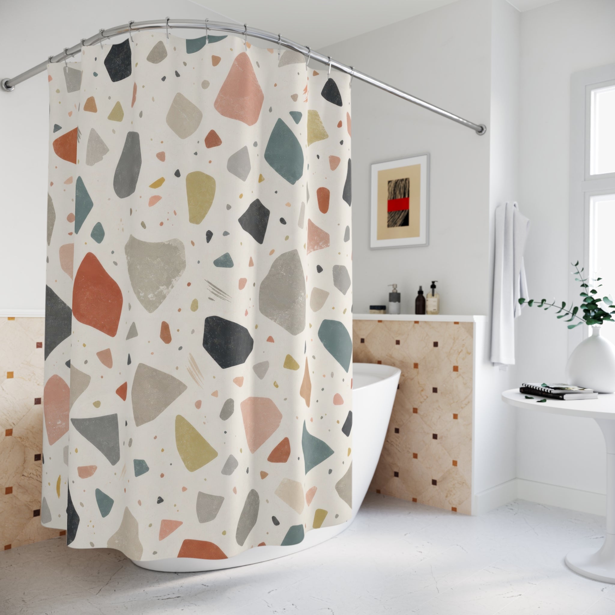 Terrazzo Shower Curtain, Coral Black Beige Speckled Abstract Stone Look, Modern Geometric Art Bathroom Decor, Warm Neutral Bath Style