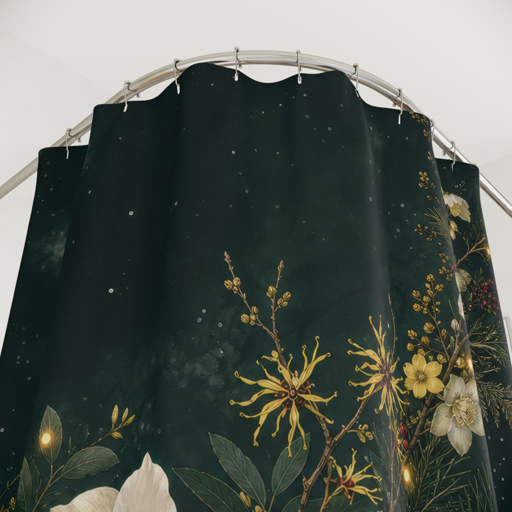 Winter hellebores and evergreen garland on forest green shower curtain with close-up print, hooks, and folds