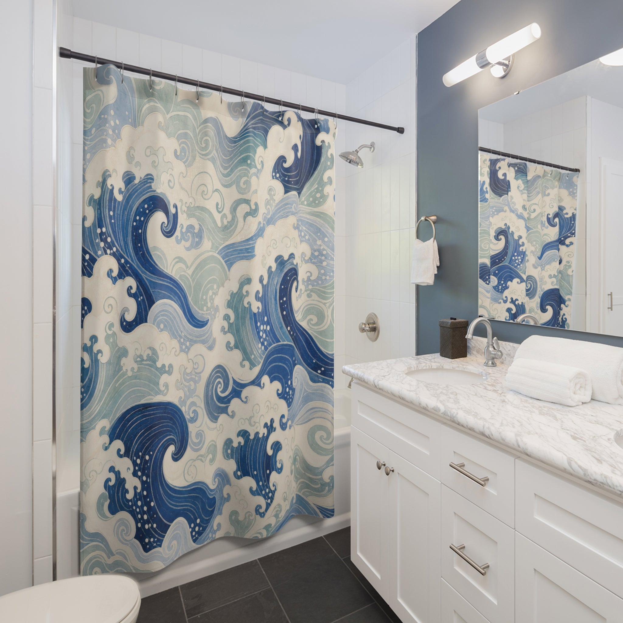 Blue Ocean Wave Japanese Coastal Watercolor Shower Curtain