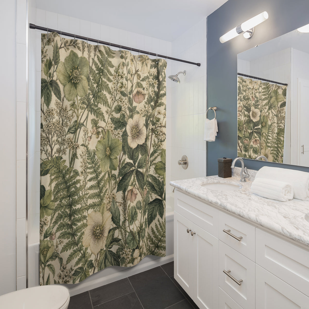 Vintage Fern Floral green botanical shower curtain beside a white vanity