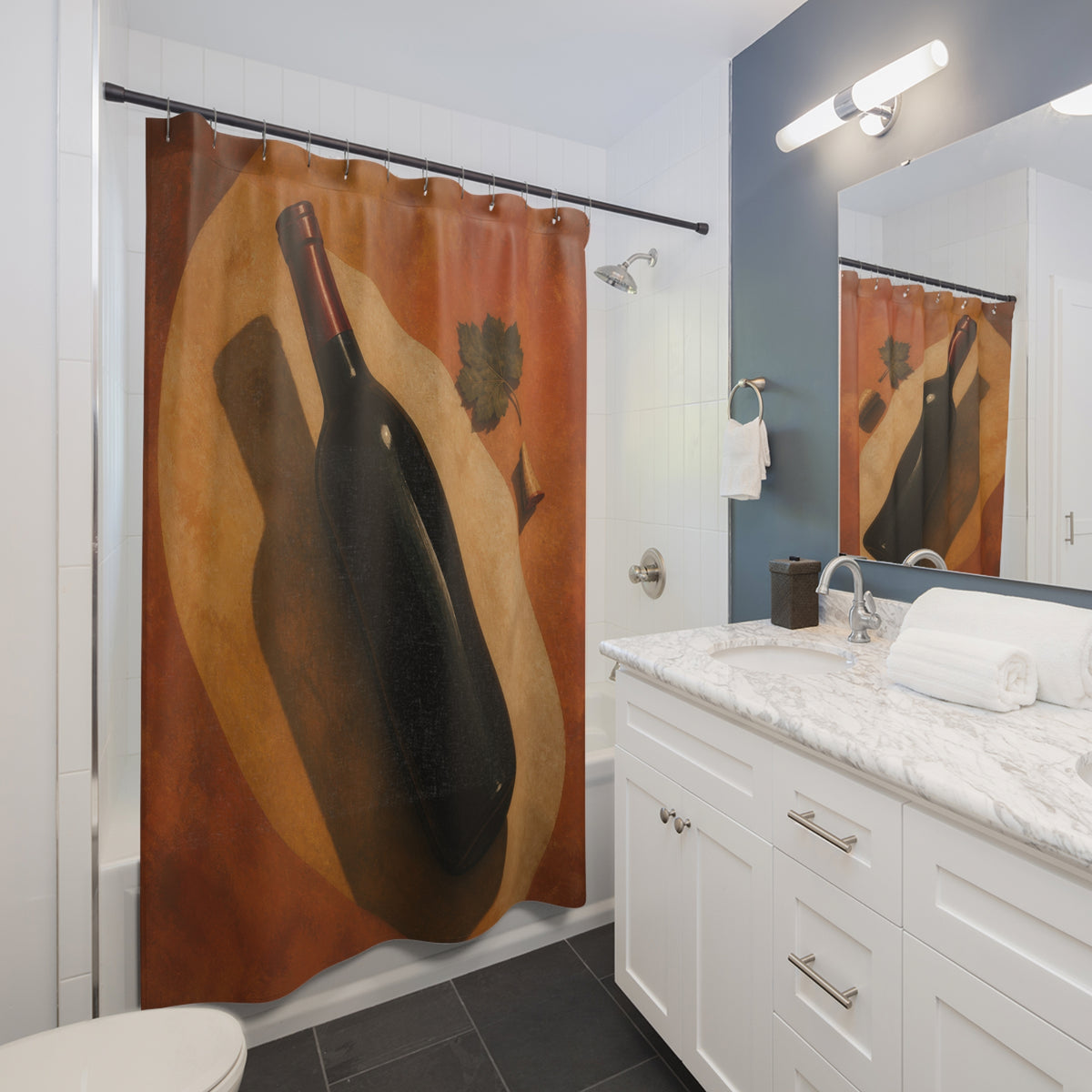 Diagonal wine bottle with cork and grape leaf shower curtain beside a white vanity