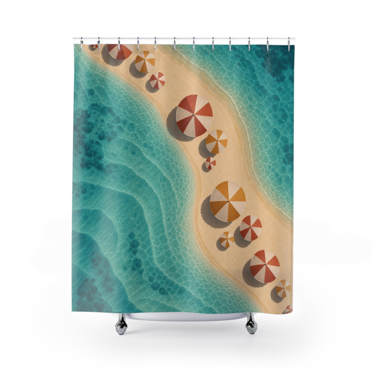 Terracotta and saffron parasols on sand in turquoise water shower curtain with full front view