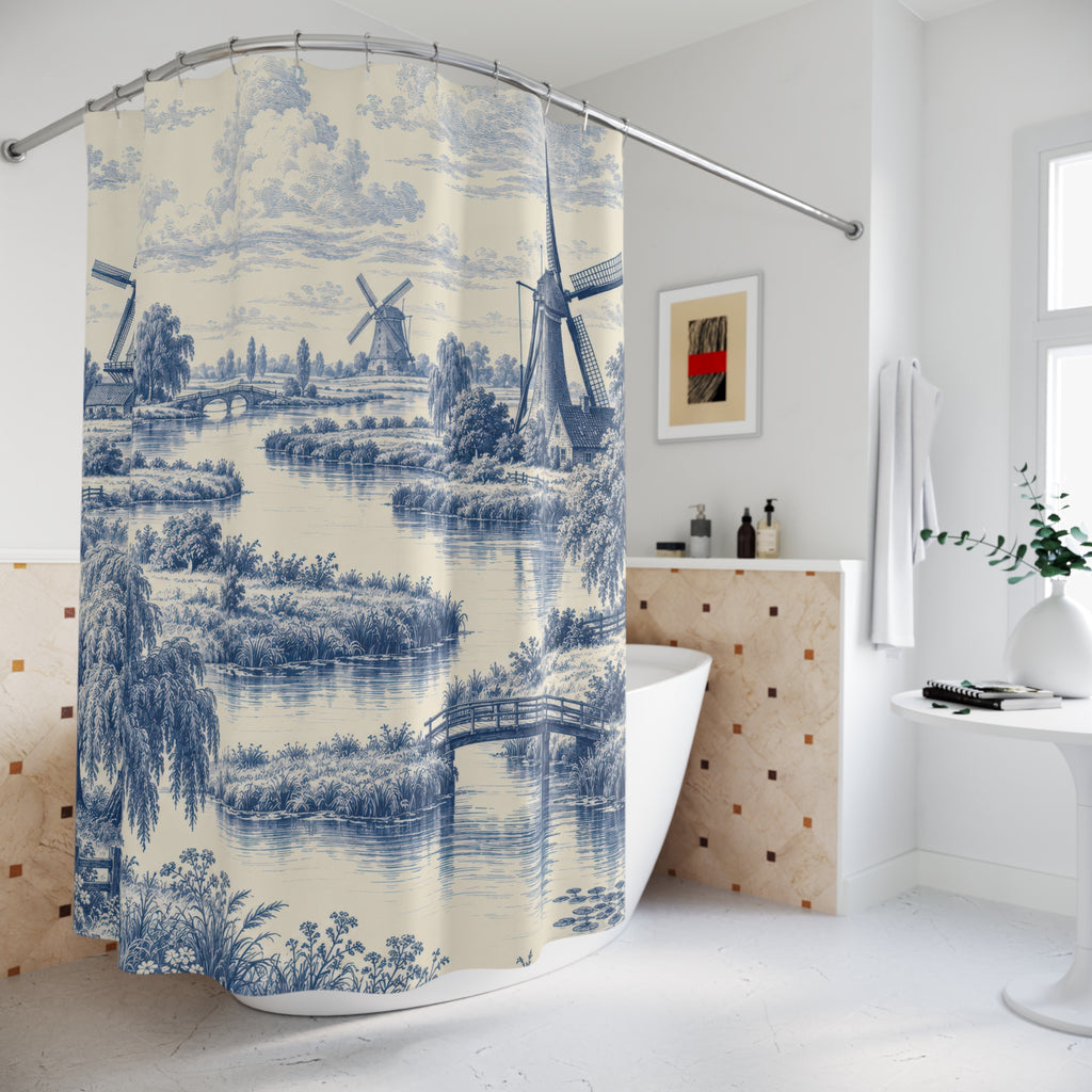 Blue windmills and willow trees beside an ivory canal shower curtain beside a freestanding tub