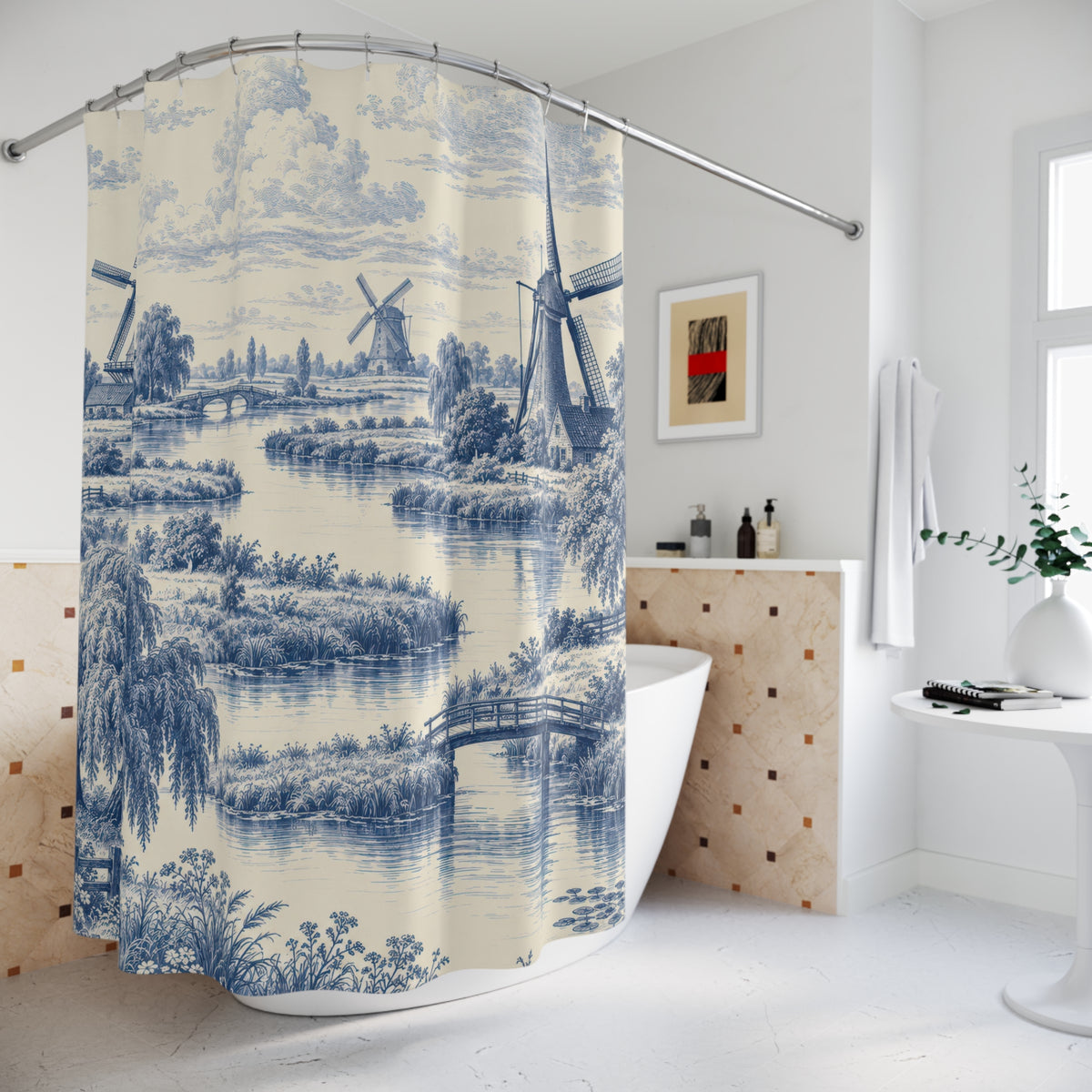 Blue windmills and willow trees beside an ivory canal shower curtain beside a freestanding tub