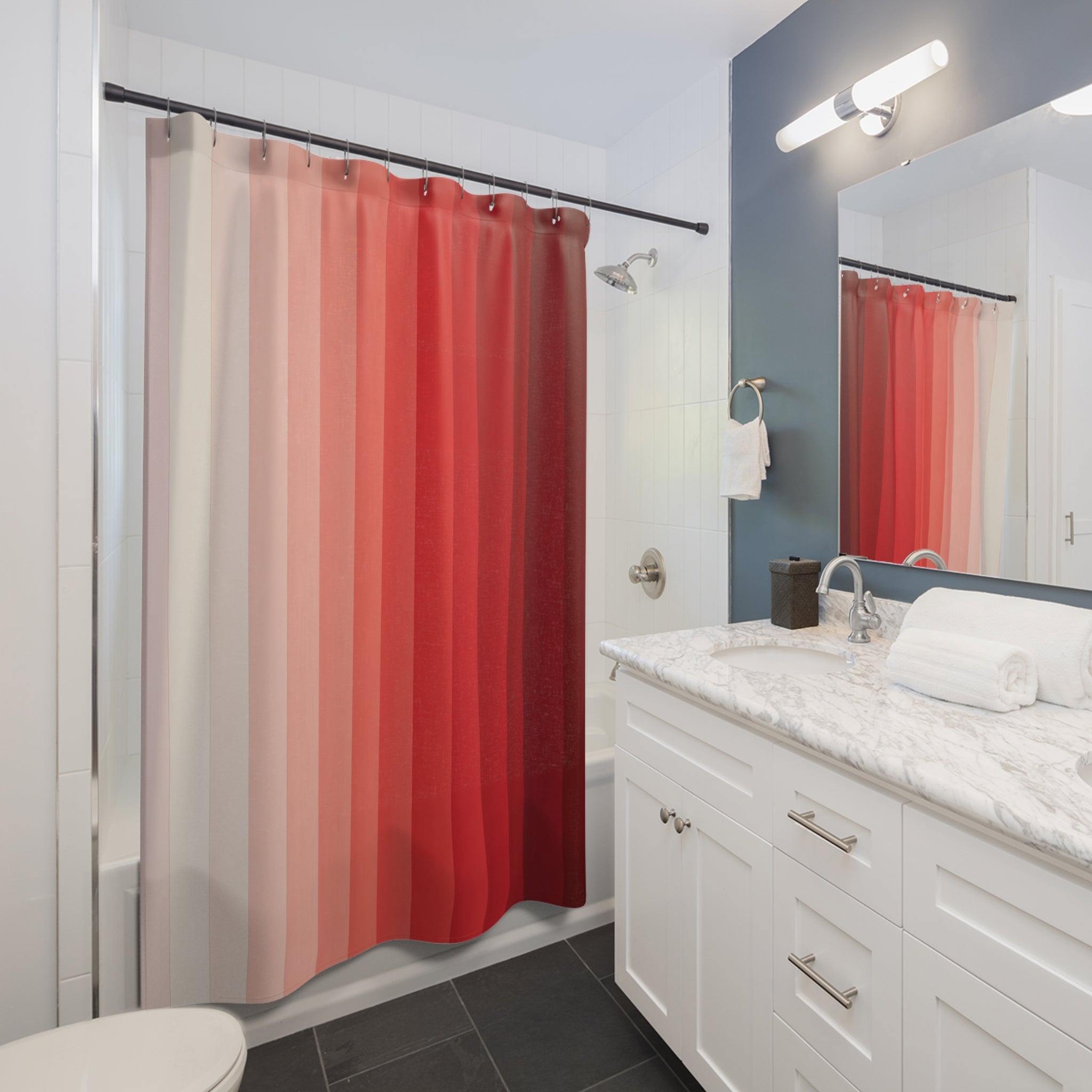 Ombre Crimson Shower Curtain, Crimson Wine Modern Bathroom Decor, Modern Stripe Bath Curtain, Guest Bath Decor, Small Bathroom Decor