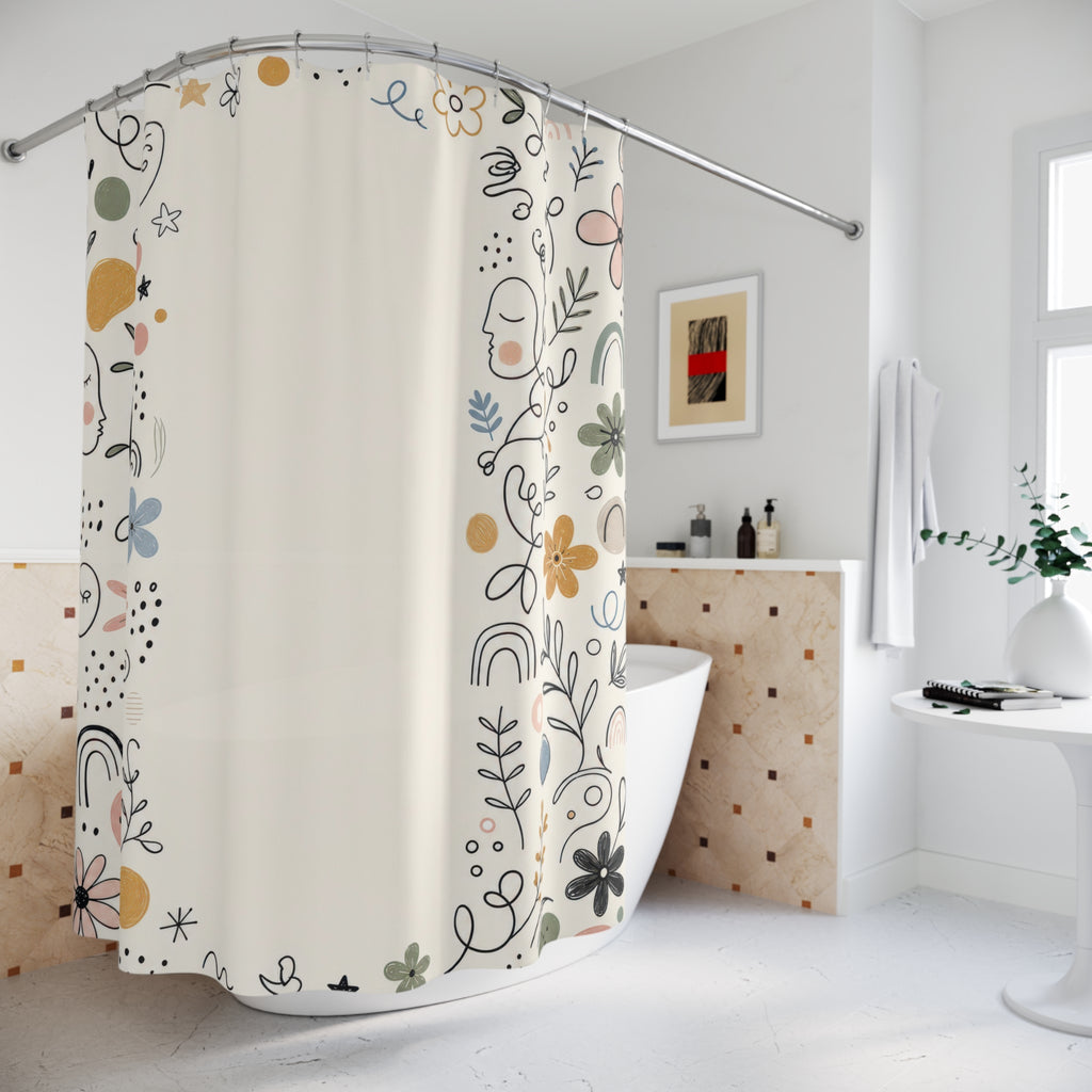 Doodle Border Shower Curtain, Hand Drawn Flower Bath Decor, Black Ivory Sage Blush Line Art Frame, Playful Guest Bathroom Style Decor