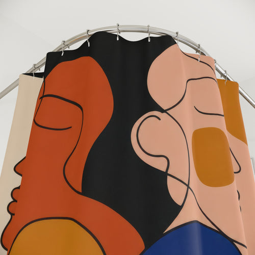 Abstract Face Line Art modernist shower curtain with close-up print, hooks, and folds